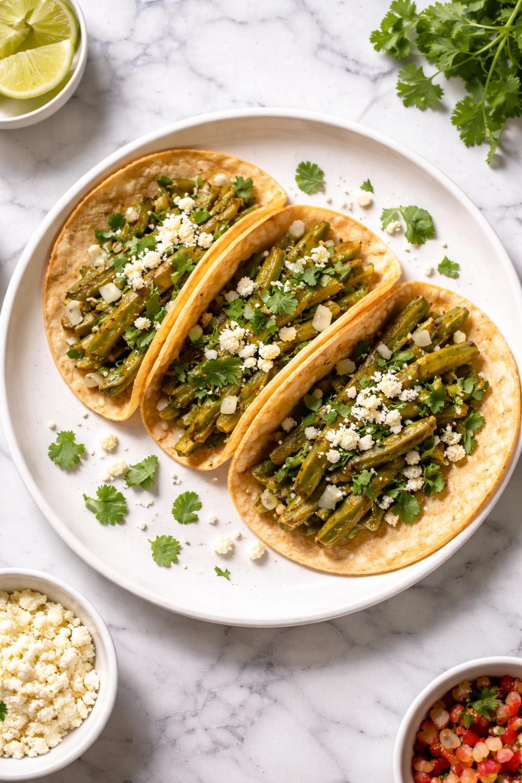 Image Prompt: Realistic top-down editorial food photography of nopales tacos on a white plate over a clean white and gray marble countertop, warm corn tortillas filled with sautéed nopales, onions, cilantro, and crumbled queso fresco, fresh homemade Mexican taco styling, bright natural light, no people, no hands, no text, no watermarks, no props with writing.