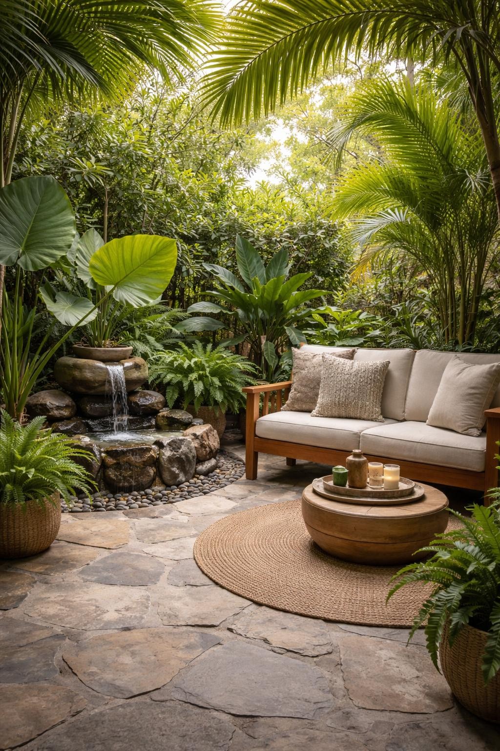 Image Prompt: A peaceful tropical patio with a small stone water feature beside a seating area, potted palms, ferns, and elephant ear plants, wooden bench with neutral cushions, stone floor, soft filtered daylight, lush backyard retreat, no people, realistic DSLR image, no text, no watermarks on images.