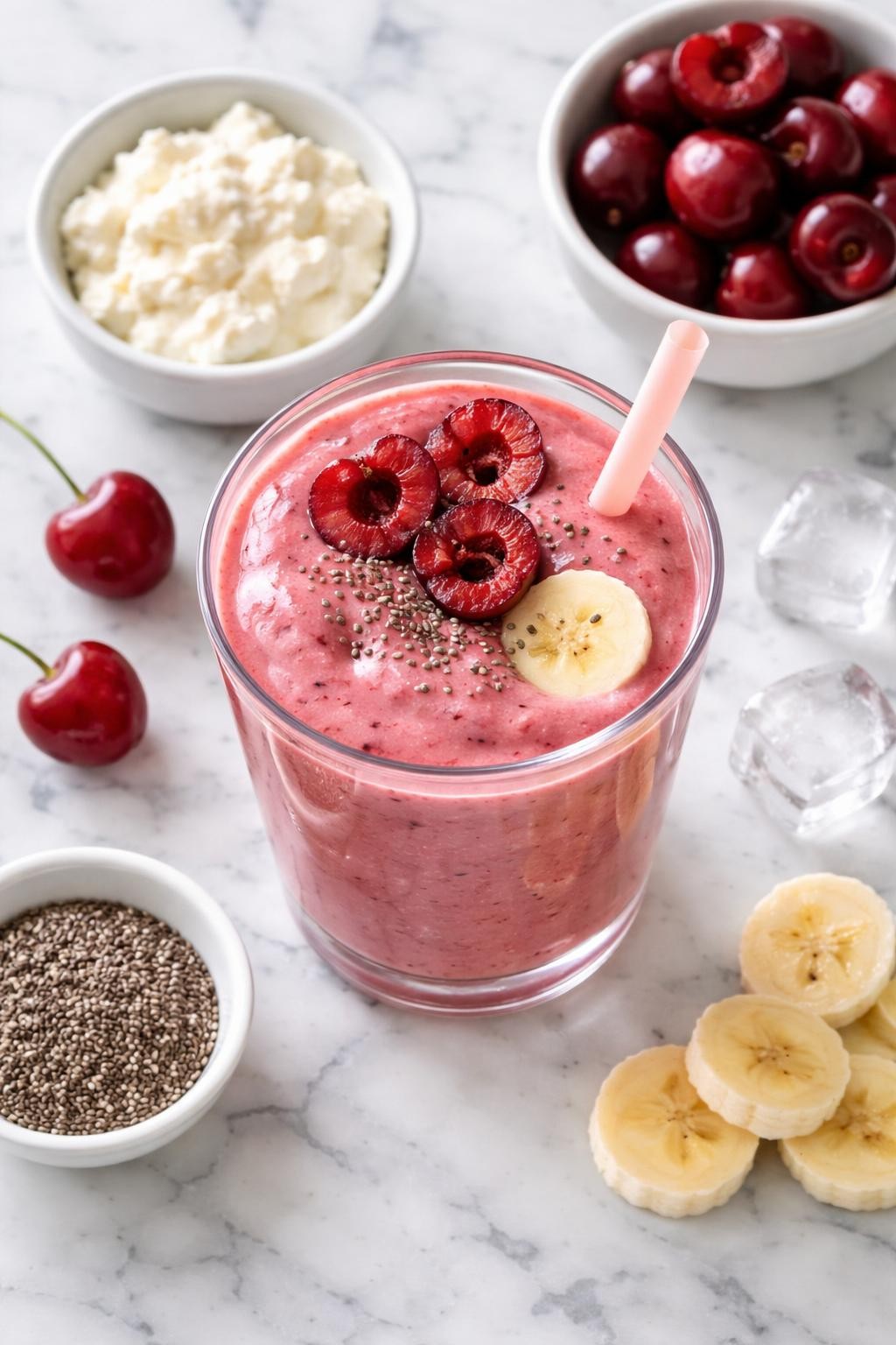 Realistic top-down editorial food photography of a cherry cottage cheese smoothie in a clear glass on a clean white and gray marble countertop. The smoothie is deep pink-red, thick, glossy, and creamy, styled with pitted cherries, cottage cheese in a small plain dish, banana rounds, chia seeds, and a few ice cubes nearby. Bright natural window lighting, clean berry smoothie styling, realistic thick texture, high detail, no people, no hands, no text, no watermarks, no props with writing.