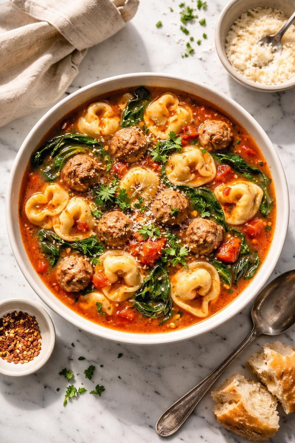 Image Prompt: Realistic top-down editorial food photography of a bowl of meatball tortellini soup on a white marble countertop, filled with juicy mini meatballs, cheese tortellini, spinach, diced tomatoes, and a rich tomato broth, topped with parsley and parmesan, warm cozy homemade dinner styling, bright natural light, soft shadows, clean composition, high detail, realistic texture, no people, no hands, no text, no watermarks, no props with writing.