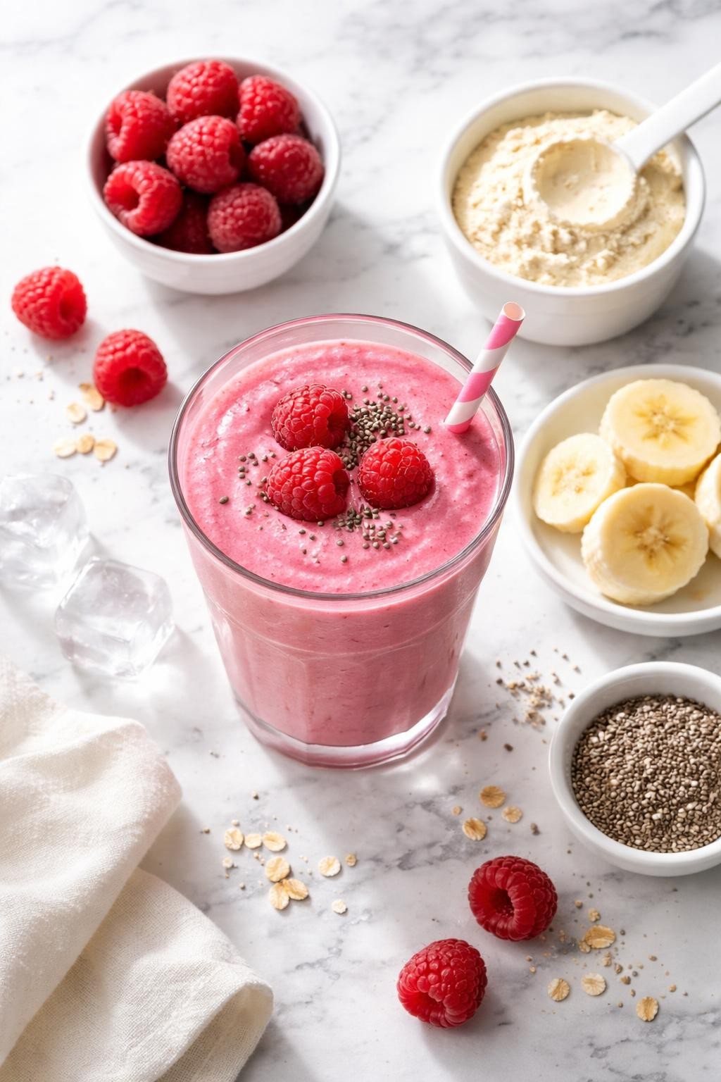 Realistic top-down editorial food photography of a raspberry protein smoothie served in a clear glass on a clean white and gray marble countertop. The smoothie is bright pink, thick, creamy, and fresh-looking, styled with raspberries, a small scoop of vanilla protein powder in a plain bowl, banana rounds, chia seeds, and a few ice cubes nearby. Bright natural daylight, clean healthy breakfast smoothie styling, realistic creamy texture, high detail, no people, no hands, no text, no watermarks, no props with writing.