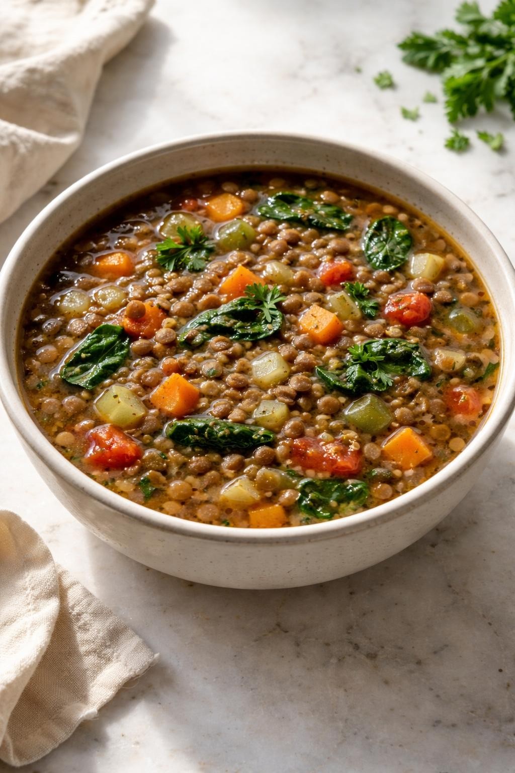 Realistic editorial food photography of lentil vegetable gut detox soup in a neutral ceramic bowl on a pale marble countertop, hearty broth filled with brown lentils, diced carrots, celery, tomatoes, spinach, onion, garlic, cumin, and fresh parsley, warm homemade meal mood, bright natural light, soft shadows, high detail, realistic lentil and vegetable texture, no people, no hands, no text, no watermarks, no props with writing.