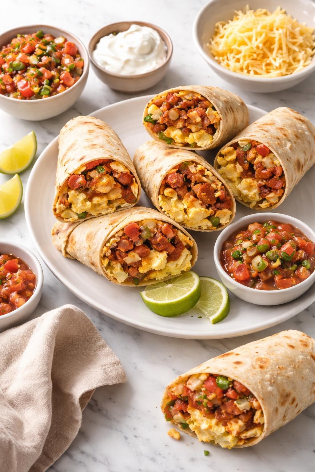Image Prompt: Realistic top-down editorial food photography of Mexican chorizo breakfast burritos on a clean white and gray marble countertop, flour tortillas filled with scrambled eggs, browned chorizo, potatoes, shredded cheese, and salsa, burritos cut in half to show the filling, bright natural daylight, cozy homemade breakfast mood, no people, no hands, no text, no watermarks, no props with writing.