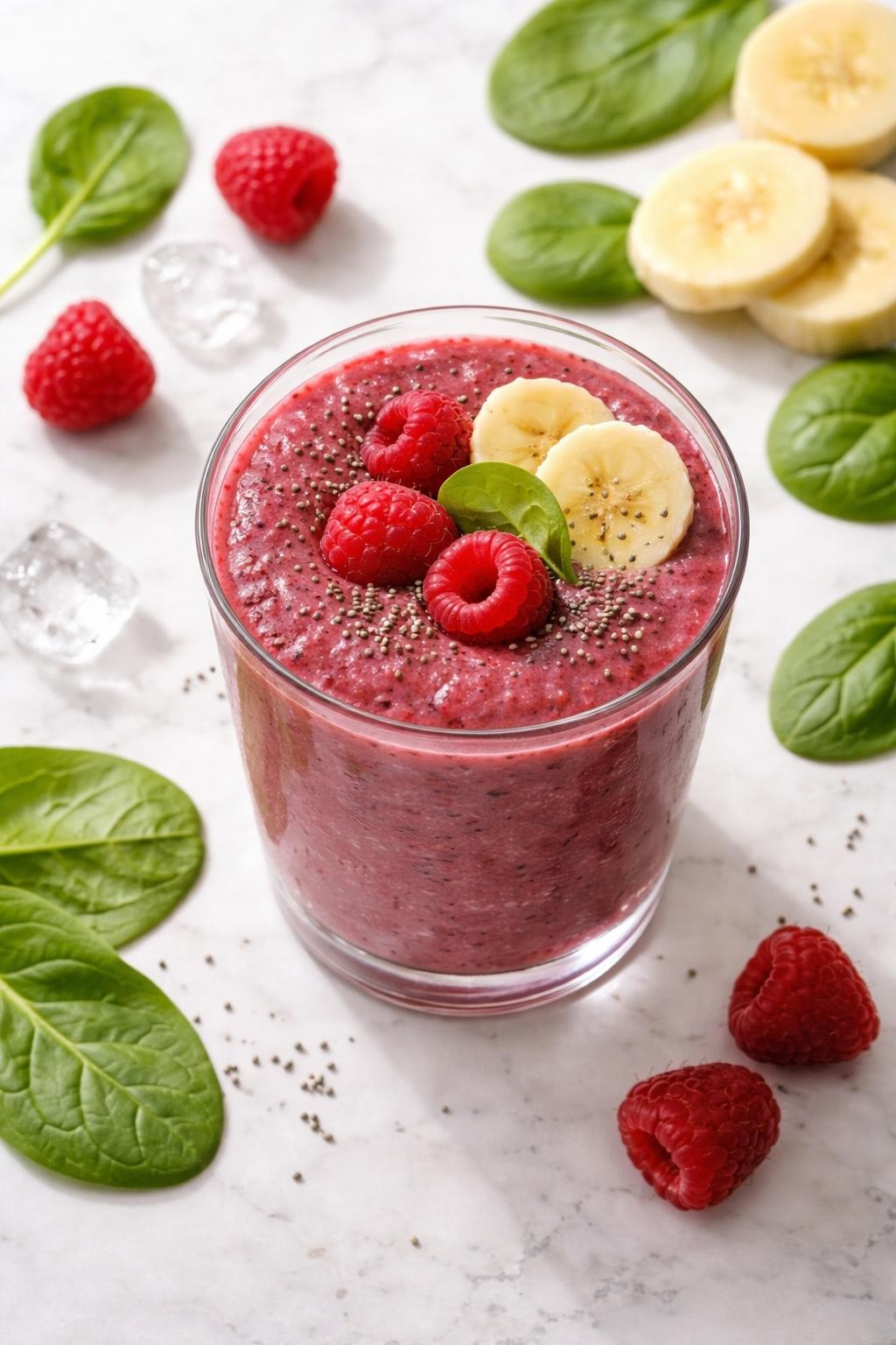 Realistic top-down editorial food photography of a raspberry spinach smoothie served in a clear glass on a light marble countertop. The smoothie is deep berry pink with a slight green undertone, thick and smooth, styled with raspberries, spinach leaves, banana slices, chia seeds, and a few ice cubes nearby. Soft natural daylight, clean healthy smoothie styling, realistic texture, high detail, no people, no hands, no text, no watermarks, no props with writing.