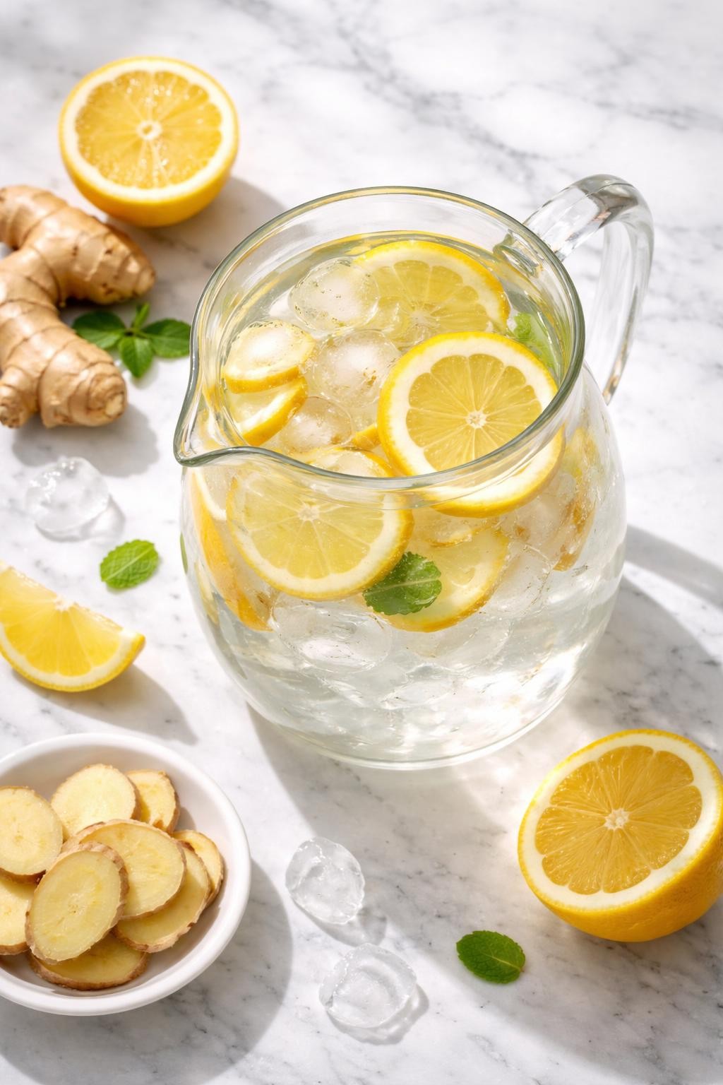 Realistic top-down food photography of ginger lemon detox water in a clear pitcher on a white marble countertop, thin lemon slices and fresh ginger slices floating in cold water with ice cubes, small pieces of ginger root and lemon halves styled nearby, clean homemade wellness drink mood, bright natural light, soft shadows, realistic clear water texture, no people, no hands, no text, no watermarks, no props with writing.