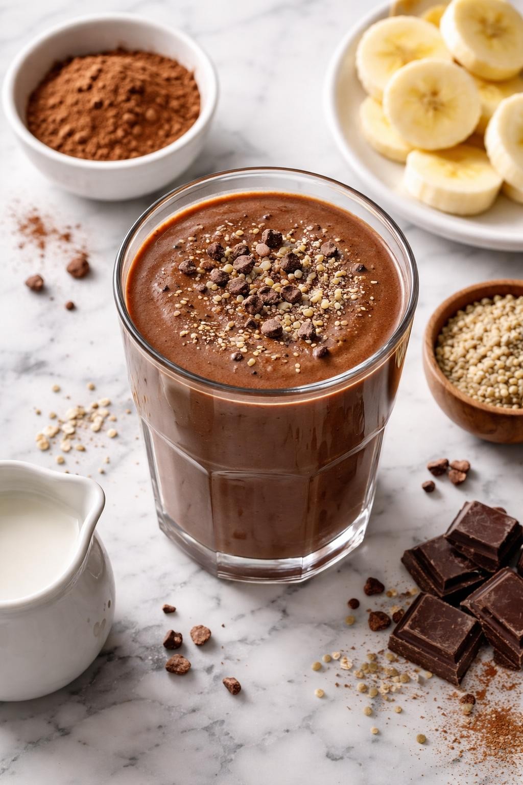 Realistic top-down editorial food photography of a chocolate cacao iron-rich smoothie in a clear glass on a white and gray marble countertop. The smoothie is rich chocolate brown, thick, creamy, and smooth, styled with cacao powder in a plain bowl, banana slices, hemp seeds, almond milk, and a few dark chocolate pieces nearby. Soft natural daylight, clean healthy dessert smoothie styling, realistic thick texture, high detail, no people, no hands, no text, no watermarks.