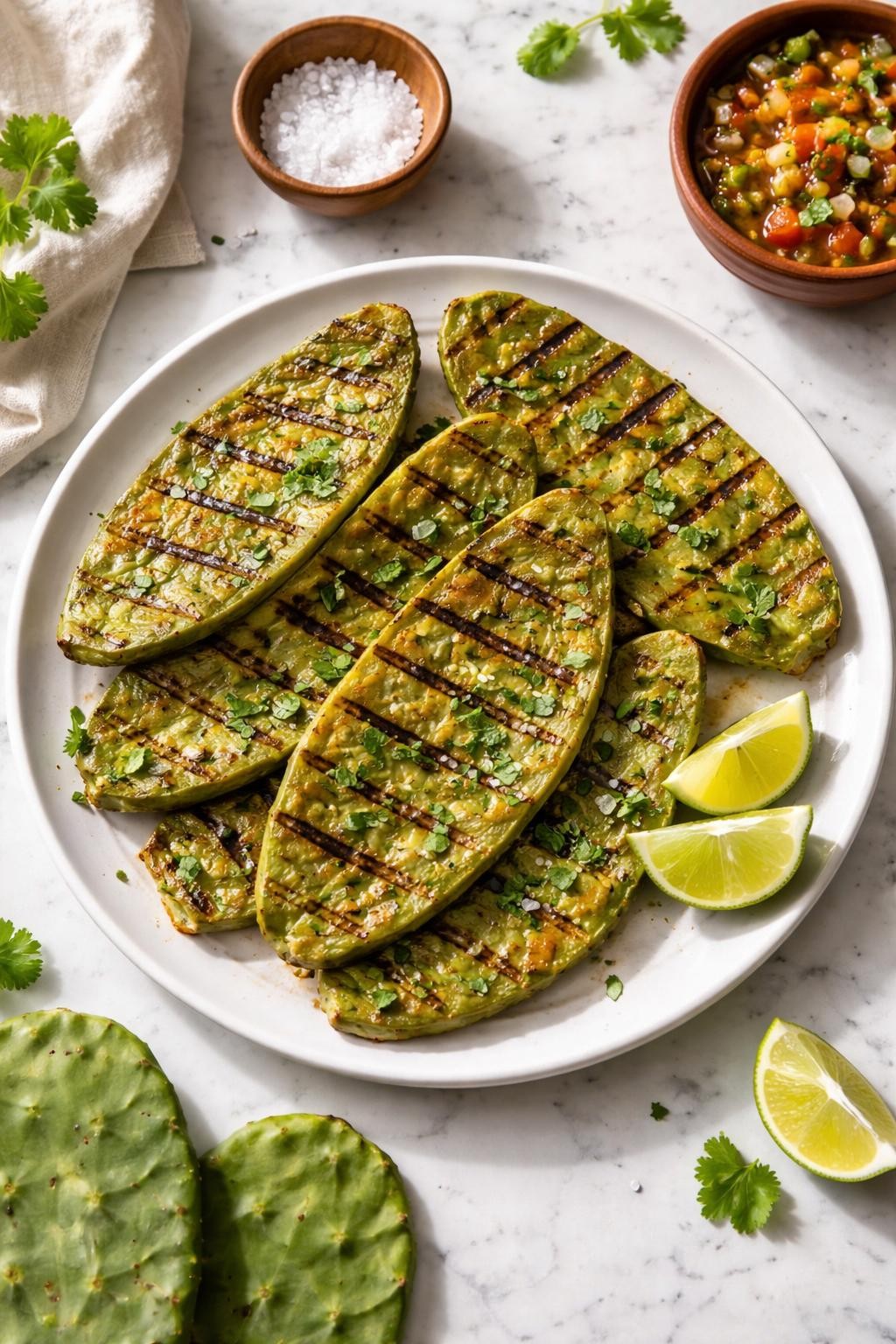Image Prompt: Realistic top-down editorial food photography of grilled nopales on a white plate over a clean marble countertop, cactus paddles grilled with light char marks and served with lime wedges, rustic homemade Mexican side dish styling, bright natural daylight, no people, no hands, no text, no watermarks, no props with writing.