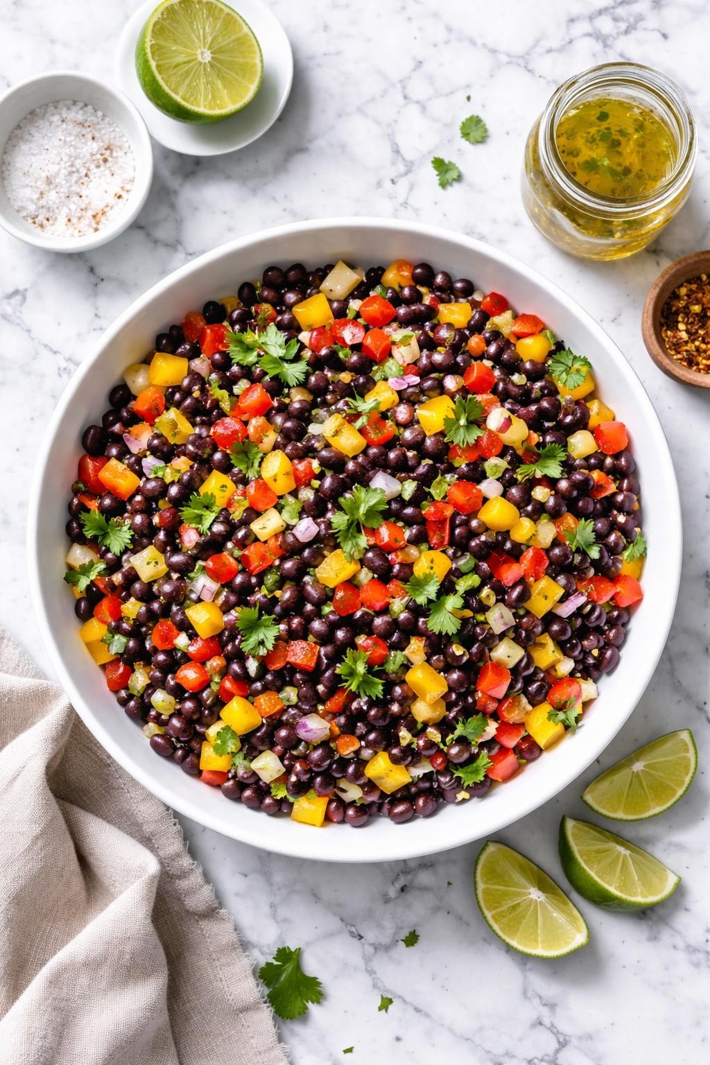 Image Prompt: Realistic top-down editorial food photography of a black bean and bell pepper salad in a white bowl on a clean white and gray marble countertop, filled with black beans, red and yellow bell peppers, cilantro, onions, and lime dressing, colorful homemade salad styling, natural window lighting, soft shadows, clean composition, high detail, realistic food texture, no people, no hands, no text, no watermarks, no props with writing.