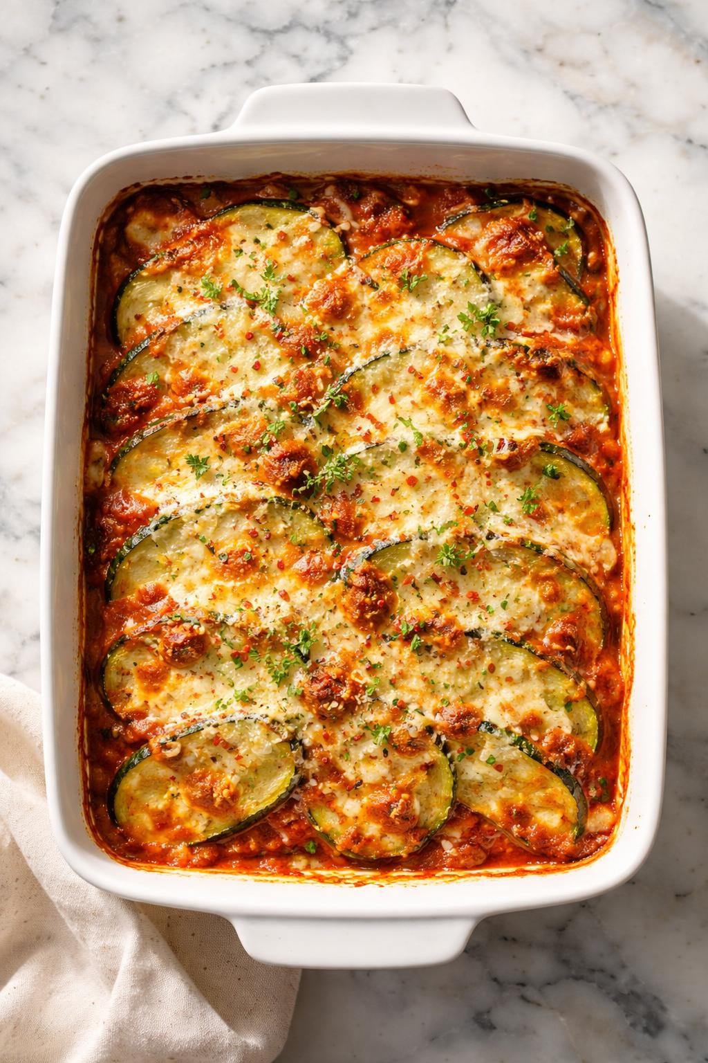 Image Prompt: Realistic top-down editorial food photography of baked Italian zucchini parmesan in a white baking dish on a clean white and gray marble countertop, layered zucchini slices with marinara sauce, melted mozzarella, parmesan, and herbs, golden cheese on top, warm natural daylight, cozy homemade dinner mood, no people, no hands, no text, no watermarks, no props with writing.