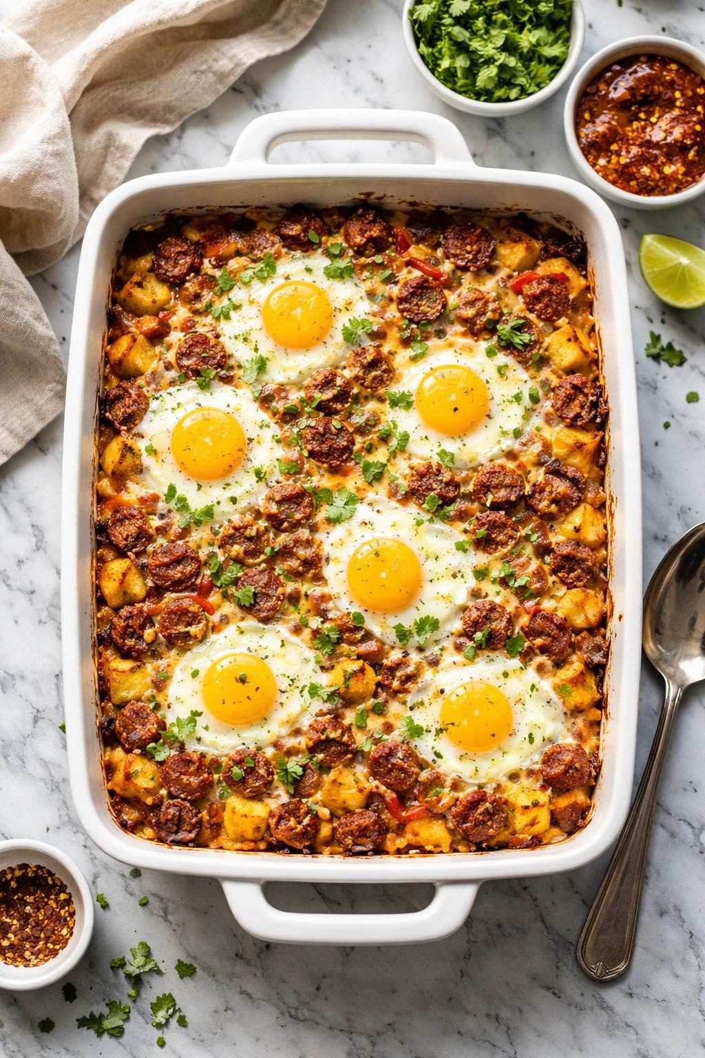 Image Prompt: Realistic top-down editorial food photography of Mexican chorizo breakfast casserole in a baking dish on a white and gray marble countertop, baked casserole with eggs, browned chorizo, potatoes, peppers, and melted cheese, chopped cilantro on top, warm natural daylight, cozy homemade breakfast mood, no people, no hands, no text, no watermarks, no props with writing.