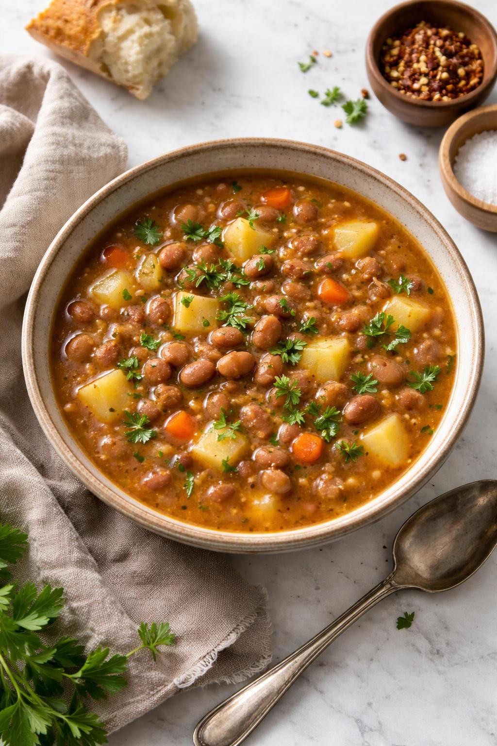 Image Prompt: Realistic top-down editorial food photography of pinto bean soup with potatoes in a rustic bowl on a clean white marble countertop, thick broth with pinto beans, tender potato cubes, carrots, and parsley, cozy homemade meal styling, bright natural window light, soft shadows, no people, no hands, no text, no watermarks, no props with writing.