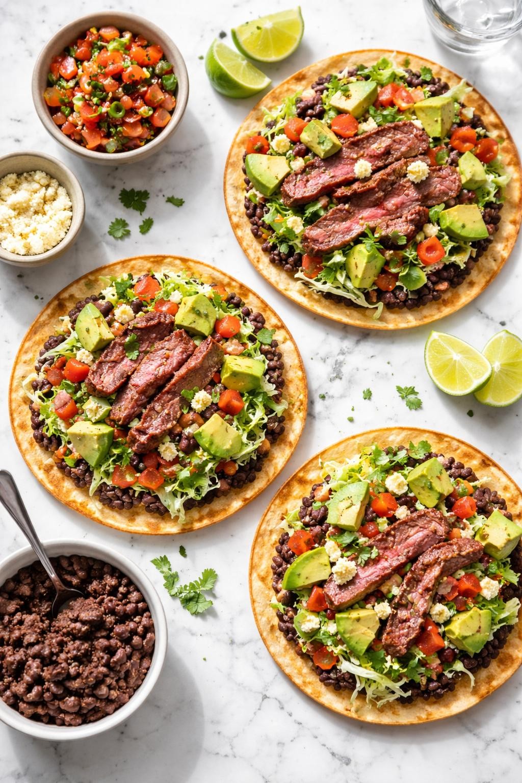 Image Prompt: Realistic top-down editorial food photography of steak and black bean tostadas on a clean white and gray marble countertop, crisp tostada shells topped with refried black beans, sliced steak, shredded lettuce, diced tomatoes, avocado, and crumbled cheese, bright natural lighting, soft shadows, clean editorial food styling, high detail, realistic food texture, no people, no hands, no text, no watermarks, no props with writing.