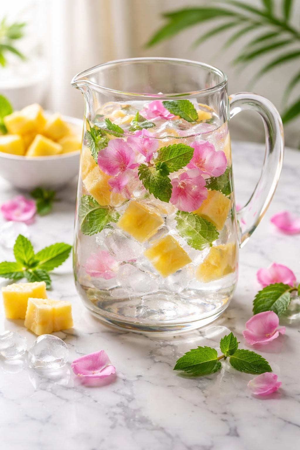 Realistic editorial food photography of wild rose pineapple mint water in a clear glass pitcher on a white marble countertop, golden pineapple chunks, fresh mint leaves, food-safe wild rose petals, and ice cubes floating in cold clear water, extra pineapple pieces and rose petals styled nearby, bright tropical homemade drink mood, soft natural light, high detail, no people, no hands, no text, no watermarks, no props with writing.