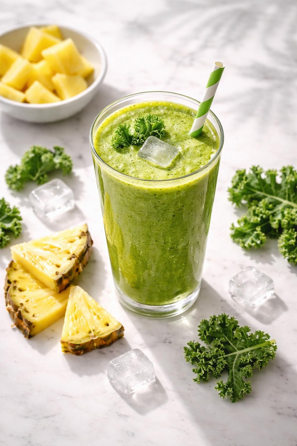 Realistic top-down editorial food photography of a bright green kale pineapple smoothie in a tall clear glass on a light marble countertop. The smoothie looks smooth and refreshing, with fresh pineapple chunks, small kale leaves, and a few ice cubes styled neatly around the glass. Bright natural daylight, clean tropical breakfast mood, soft shadows, realistic texture, high detail, no people, no hands, no text, no watermarks, no props with writing.
