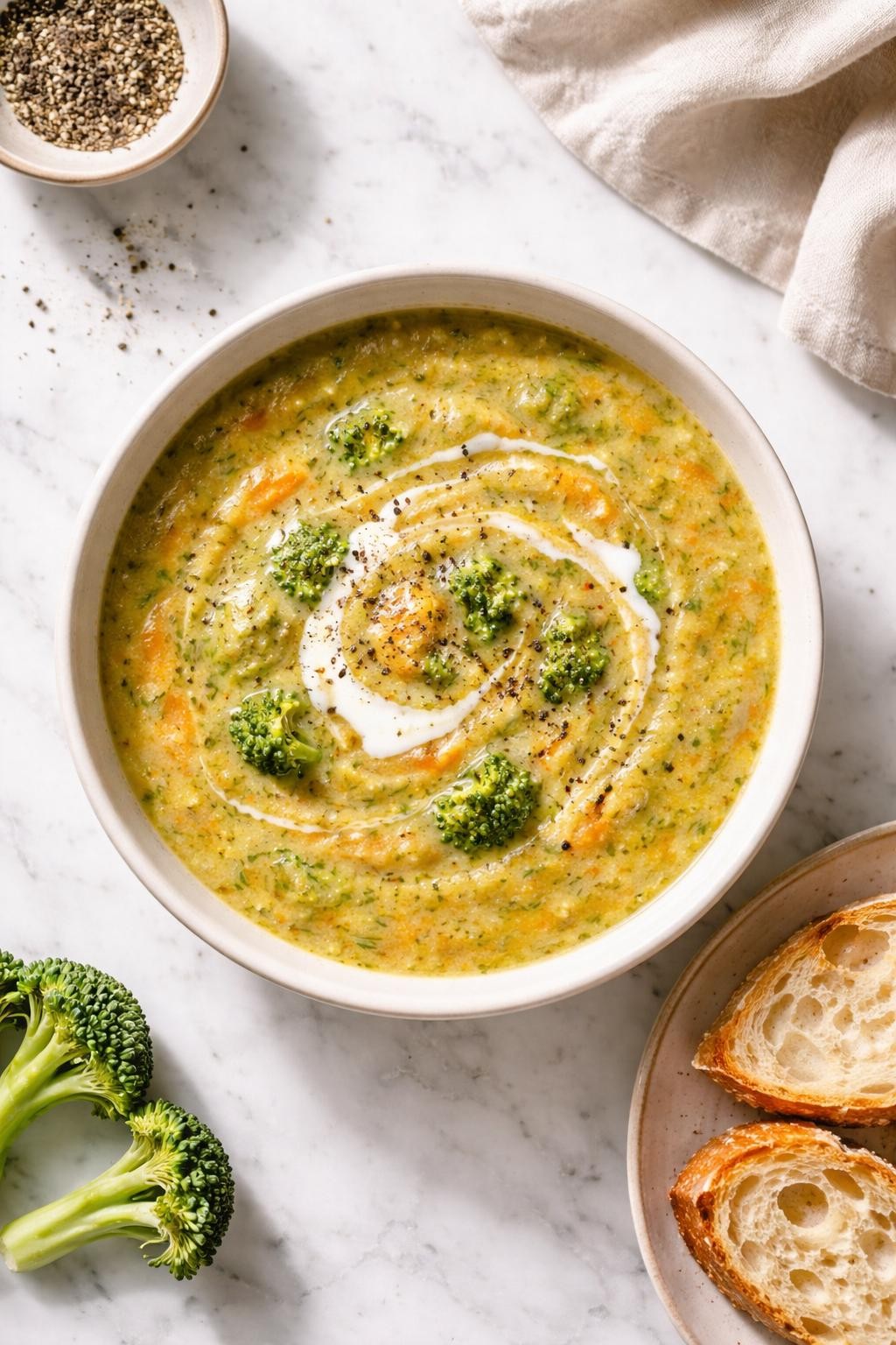 Image Prompt: Realistic top-down editorial food photography of broccoli carrot soup in a simple bowl on a white marble countertop, creamy green-orange soup with broccoli and carrots blended together, topped with black pepper and a small cream swirl, fresh cozy homemade styling, bright natural light, soft shadows, no people, no hands, no text, no watermarks, no props with writing.