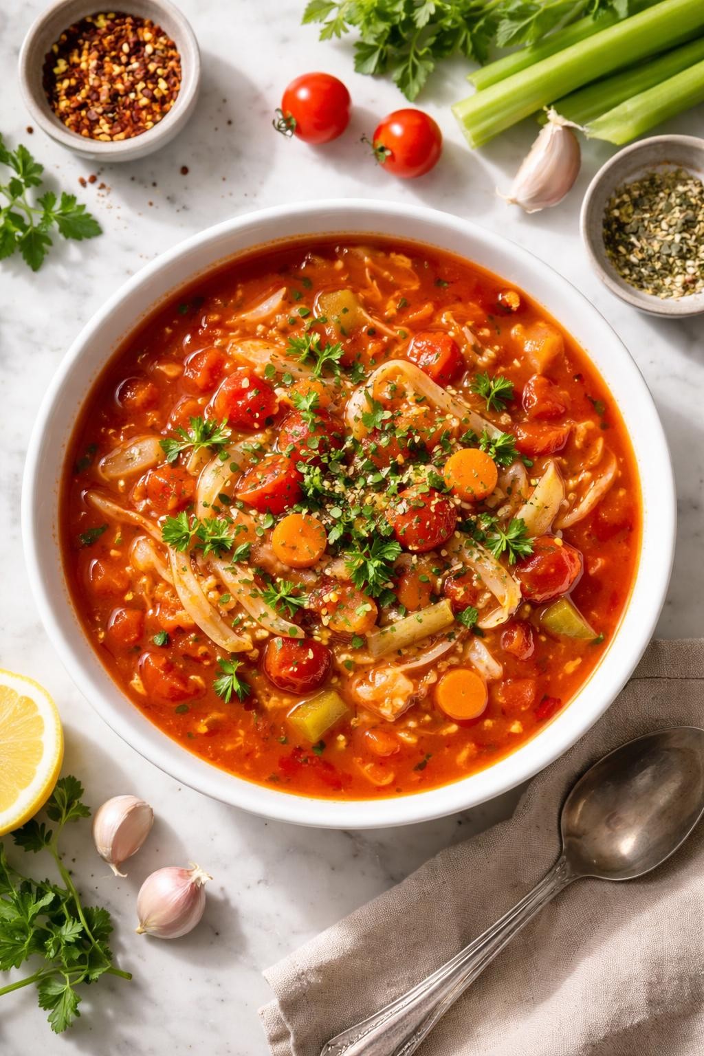 Realistic top-down editorial food photography of tomato cabbage detox soup in a white bowl on a light marble countertop, rich red tomato broth with shredded cabbage, diced tomatoes, carrots, celery, onion, garlic, basil, oregano, and chopped parsley, warm clean homemade soup styling, bright natural daylight, soft shadows, realistic tomato broth texture, high detail, no people, no hands, no text, no watermarks, no props with writing.