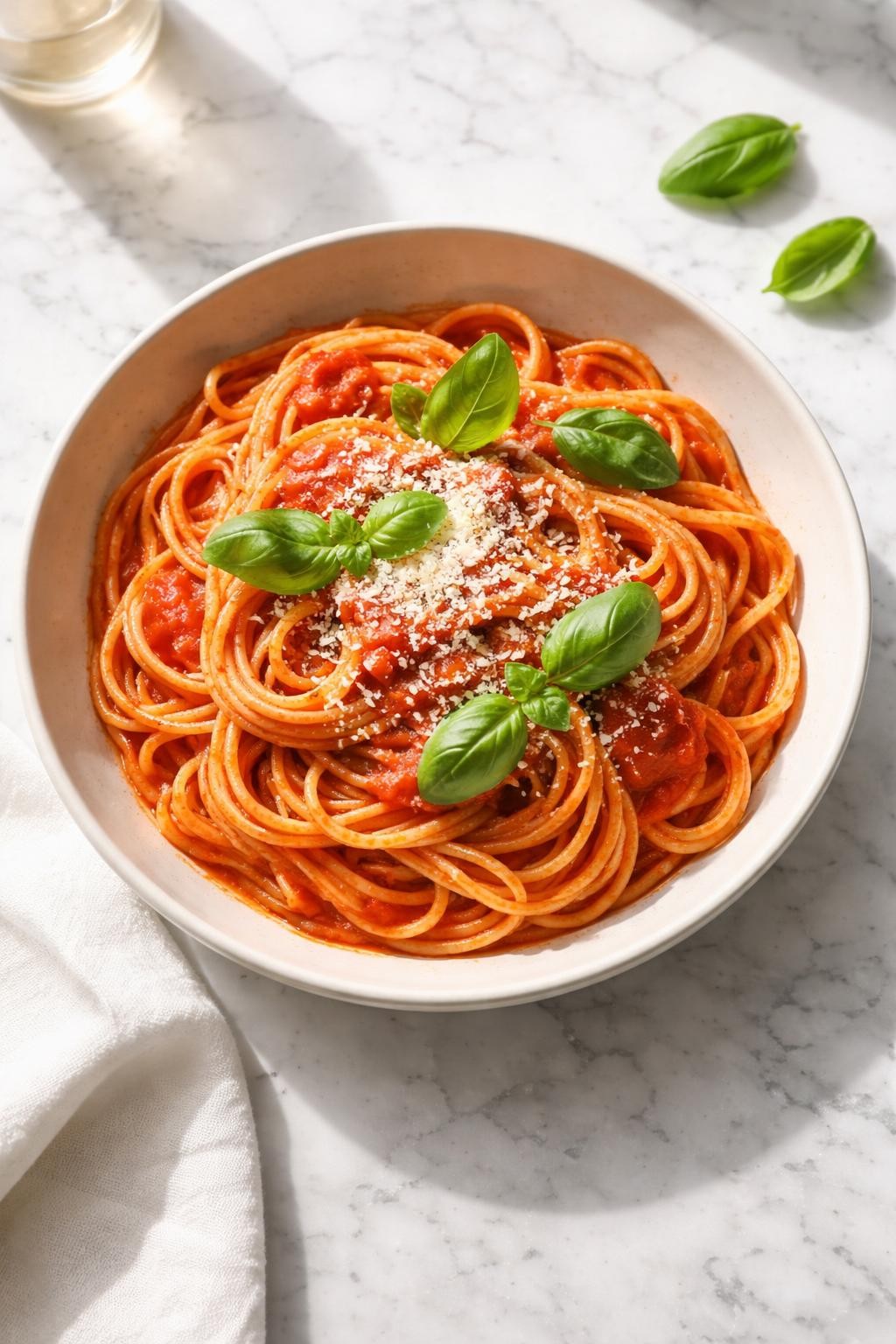Image Prompt: Realistic top-down editorial food photography of spaghetti al pomodoro in a shallow bowl on a white marble countertop, spaghetti coated in smooth tomato sauce with fresh basil leaves and grated parmesan, simple classic Italian presentation, bright natural daylight, soft shadows, clean homemade dinner styling, high detail, realistic food texture, no people, no hands, no text, no watermarks, no props with writing.