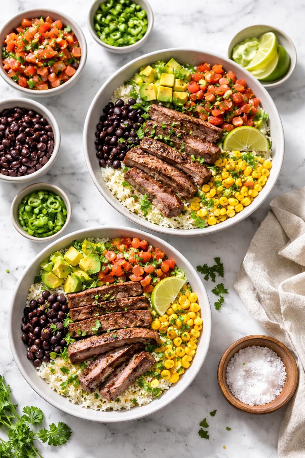 Image Prompt: Realistic top-down editorial food photography of steak burrito bowls on a clean white and gray marble countertop, bowls filled with sliced seasoned steak, rice, black beans, corn, avocado, salsa, and chopped cilantro, colorful fresh toppings arranged neatly, bright natural light, soft shadows, clean homemade dinner styling, high detail, realistic food texture, no people, no hands, no text, no watermarks, no props with writing.