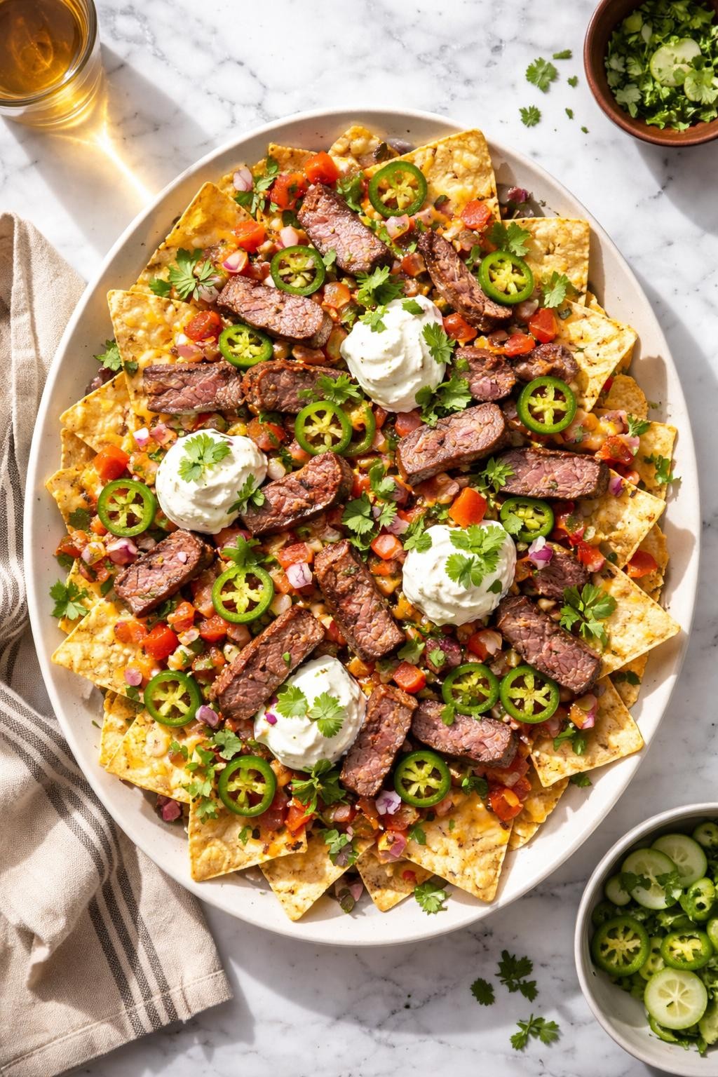 Image Prompt: Realistic top-down editorial food photography of grilled steak nachos on a white marble countertop, tortilla chips layered with melted cheese, sliced steak, jalapeños, diced tomatoes, sour cream, and cilantro, warm casual dinner styling, bright natural daylight, soft shadows, high detail, realistic food texture, no people, no hands, no text, no watermarks, no props with writing.