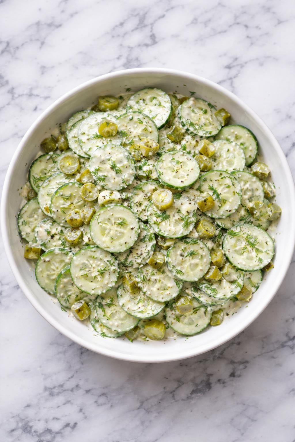 Image Prompt: Realistic top-down editorial food photography of dill pickle cucumber salad in a white serving bowl on a clean white and gray marble countertop, cucumber slices tossed with a tangy creamy dill dressing and chopped pickles, chilled salad mood, bright natural daylight, no people, no hands, no text, no watermarks, no props with writing.
