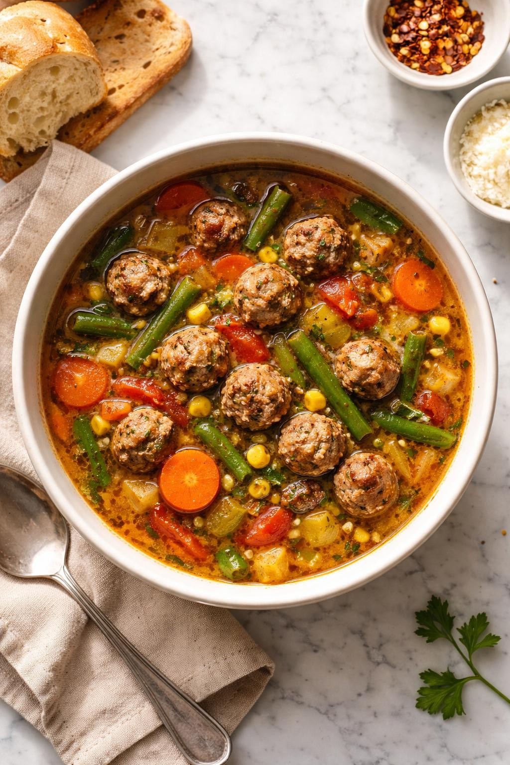 Image Prompt: Realistic top-down editorial food photography of a bowl of meatball vegetable soup on a light marble countertop, filled with browned mini meatballs, carrots, green beans, corn, diced tomatoes, celery, and a rich savory broth, homemade family dinner mood, bright natural window lighting, soft shadows, clean editorial styling, high detail, realistic food texture, no people, no hands, no text, no watermarks, no props with writing.