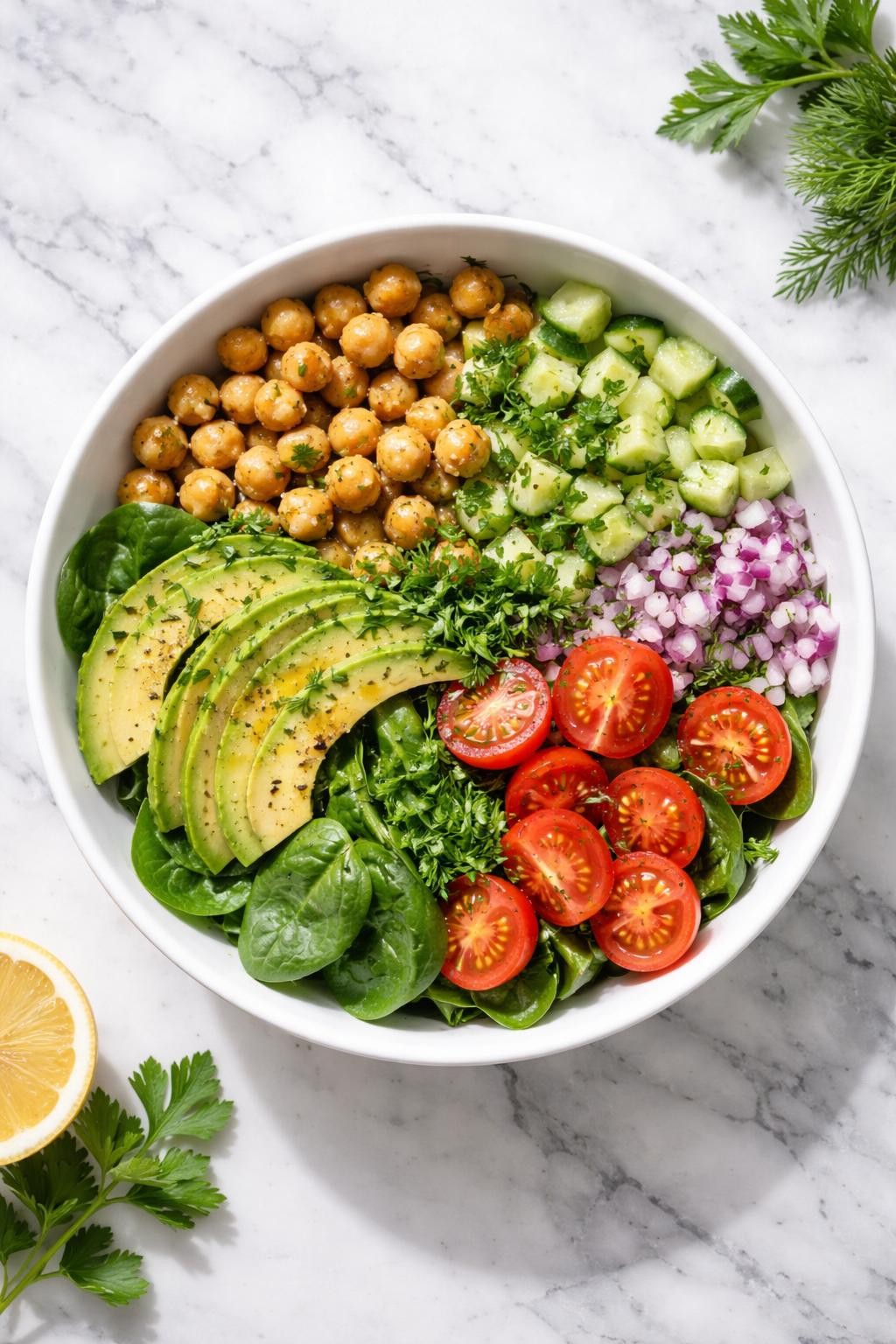Realistic top-down editorial food photography of a chickpea cucumber herb bowl on a clean white and gray marble countertop, chickpeas, diced cucumber, cherry tomatoes, red onion, parsley, dill, baby spinach, avocado slices, and lemon olive oil dressing arranged in a white bowl, fresh clean lunch styling, natural daylight, soft shadows, high detail, realistic texture, no people, no hands, no text, no watermarks, no props with writing.