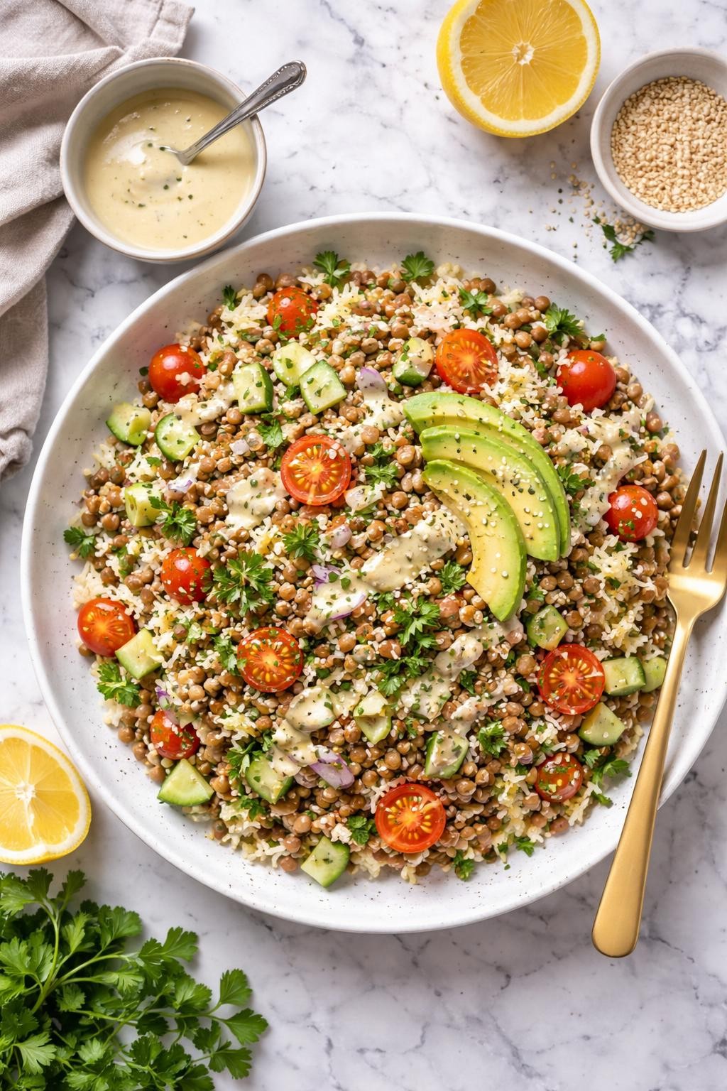 An overheard picture view of a plate of Lentil and Rice Salad with Lemon-Tahini Dressing sitting on a marble countertop table in the kitchen, professional food photography style.