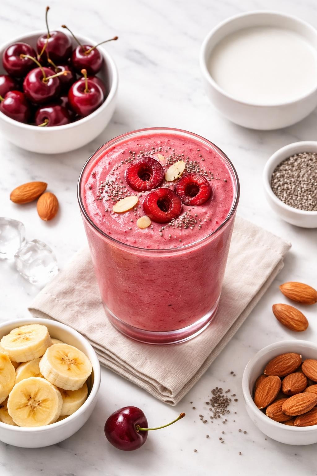 Realistic top-down editorial food photography of a cherry almond milk smoothie served in a clear glass on a clean white marble countertop. The smoothie is deep pink-red, thick, smooth, and creamy, styled with pitted cherries, almond milk in a plain bowl, banana slices, chia seeds, and a few ice cubes nearby. Soft natural window lighting, clean berry smoothie styling, realistic creamy texture, high detail, no people, no hands, no text, no watermarks, no props with writing.