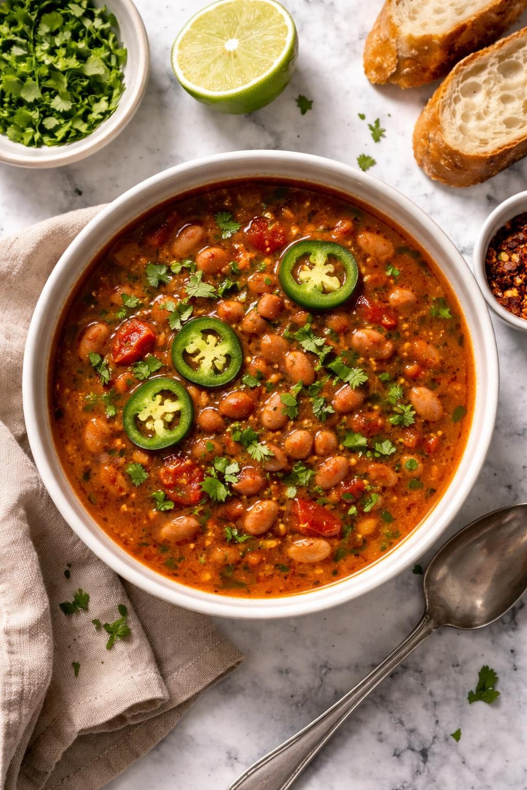 Image Prompt: Realistic top-down editorial food photography of spicy pinto bean soup on a white and gray marble countertop, hearty reddish-brown broth filled with pinto beans, diced tomatoes, jalapeño slices, and chopped cilantro, simple ceramic bowl, warm homemade mood, bright natural light, soft shadows, no people, no hands, no text, no watermarks, no props with writing.