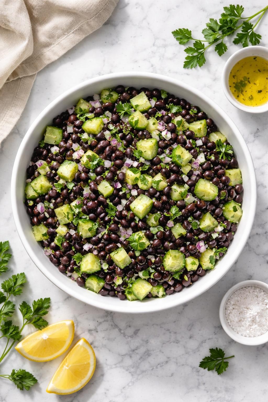 Image Prompt: Realistic top-down editorial food photography of a black bean cucumber salad in a white serving bowl on a clean white and gray marble countertop, filled with black beans, diced cucumber, red onion, parsley, and light lemon dressing, fresh homemade everyday salad styling, natural daylight, soft shadows, clean composition, high detail, realistic food texture, no people, no hands, no text, no watermarks, no props with writing.