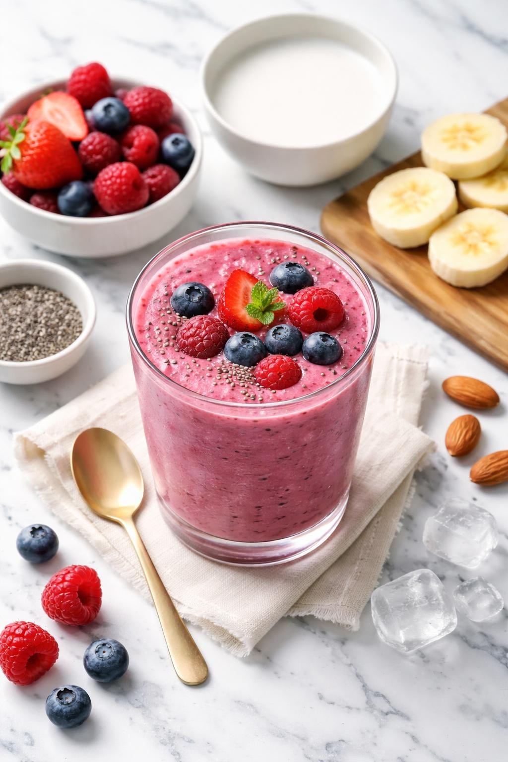 Realistic top-down editorial food photography of a mixed berry almond milk smoothie served in a clear glass on a clean white and gray marble countertop. The smoothie is deep pink-purple, thick, smooth, and cold-looking, styled with mixed berries, almond milk in a plain bowl, banana rounds, chia seeds, and a few ice cubes nearby. Bright natural window lighting, clean fruity breakfast smoothie styling, high detail, realistic creamy texture, no people, no hands, no text, no watermarks, no props with writing.