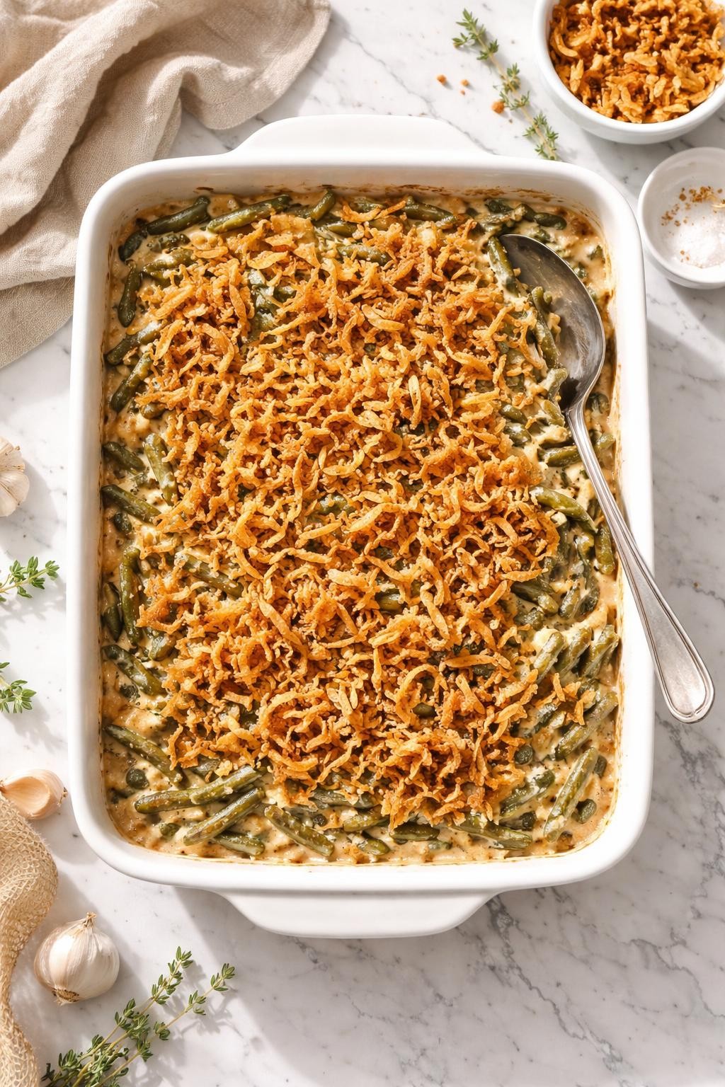 Image Prompt: Realistic top-down editorial food photography of onion soup mix green bean bake on a white marble countertop, creamy baked green beans in a casserole dish with crispy fried onions on top, cozy holiday side dish styling, bright natural daylight, soft shadows, clean composition, high detail, realistic food texture, no people, no hands, no text, no watermarks, no props with writing.
