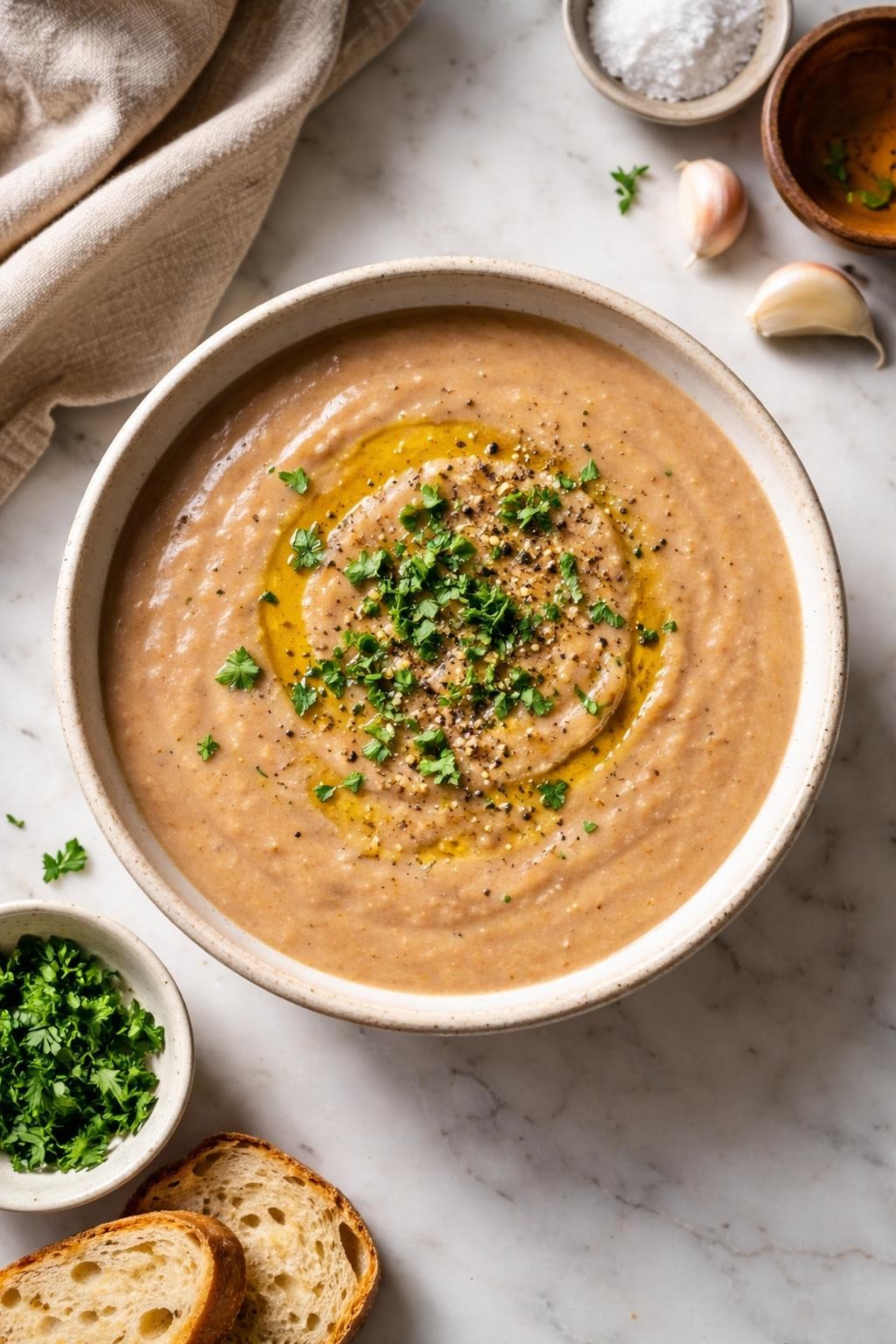 Image Prompt: Realistic top-down editorial food photography of creamy pinto bean soup in a simple ceramic bowl on a clean marble countertop, smooth blended beige-brown soup topped with olive oil drizzle, black pepper, and chopped parsley, cozy homemade styling, natural daylight, soft shadows, no people, no hands, no text, no watermarks, no props with writing.
