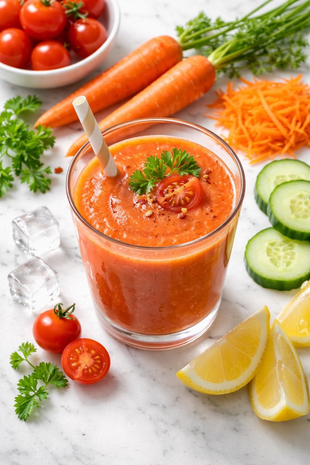 Realistic top-down food photography of a tomato carrot vegetable smoothie served in a clear glass on a clean white marble countertop. The smoothie is orange-red, smooth, fresh, and savory-looking, styled with cherry tomatoes, shredded carrot, cucumber slices, lemon wedges, and a few ice cubes nearby. Bright natural daylight, clean garden-fresh smoothie styling, realistic texture, high detail, no people, no hands, no text, no watermarks, no props with writing.
