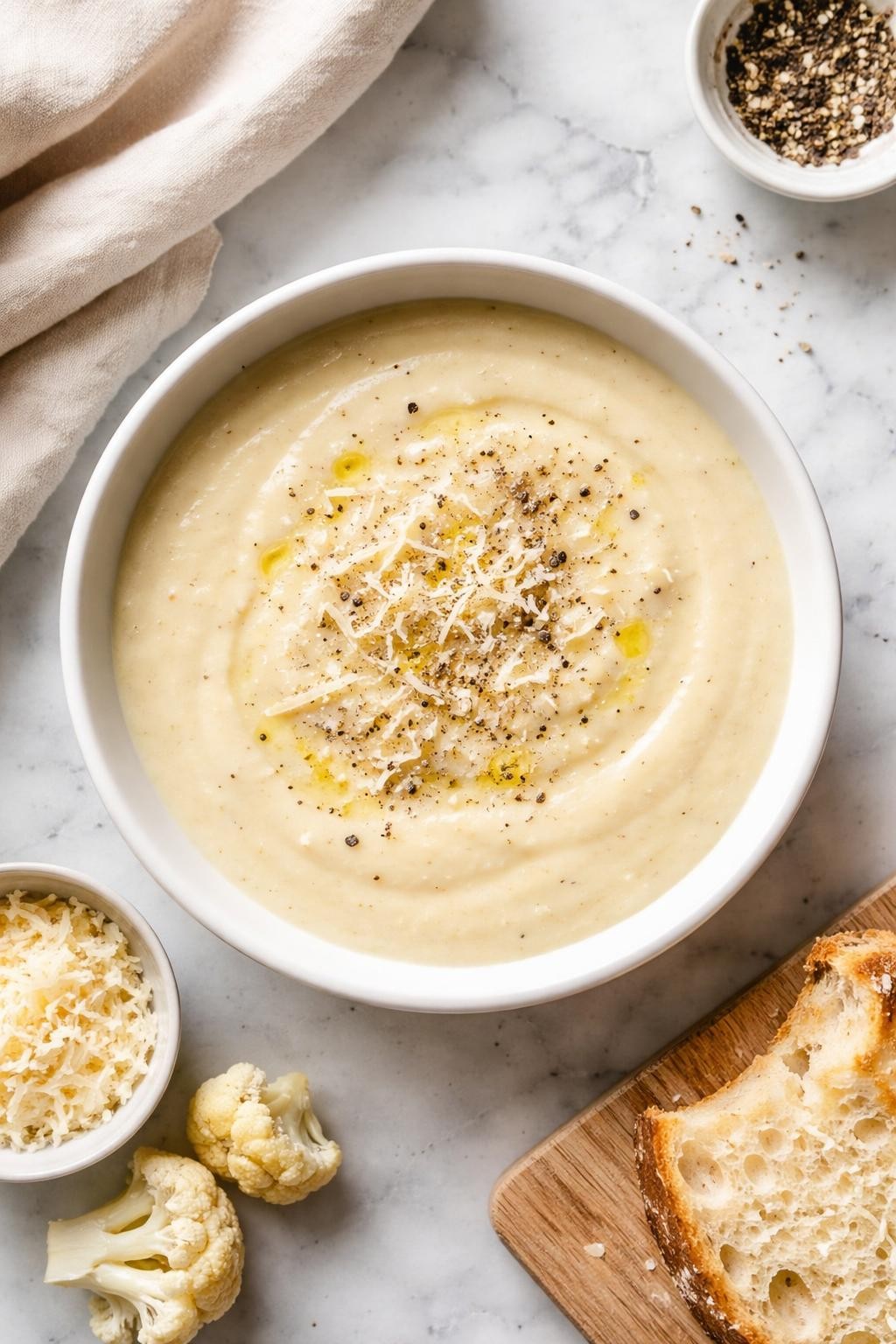 Image Prompt: Realistic top-down editorial food photography of creamy cauliflower parmesan soup in a simple white bowl on a white and gray marble countertop, smooth pale soup with melted parmesan blended in, topped with extra parmesan and cracked black pepper, warm homemade comfort styling, bright natural light, soft shadows, no people, no hands, no text, no watermarks, no props with writing.