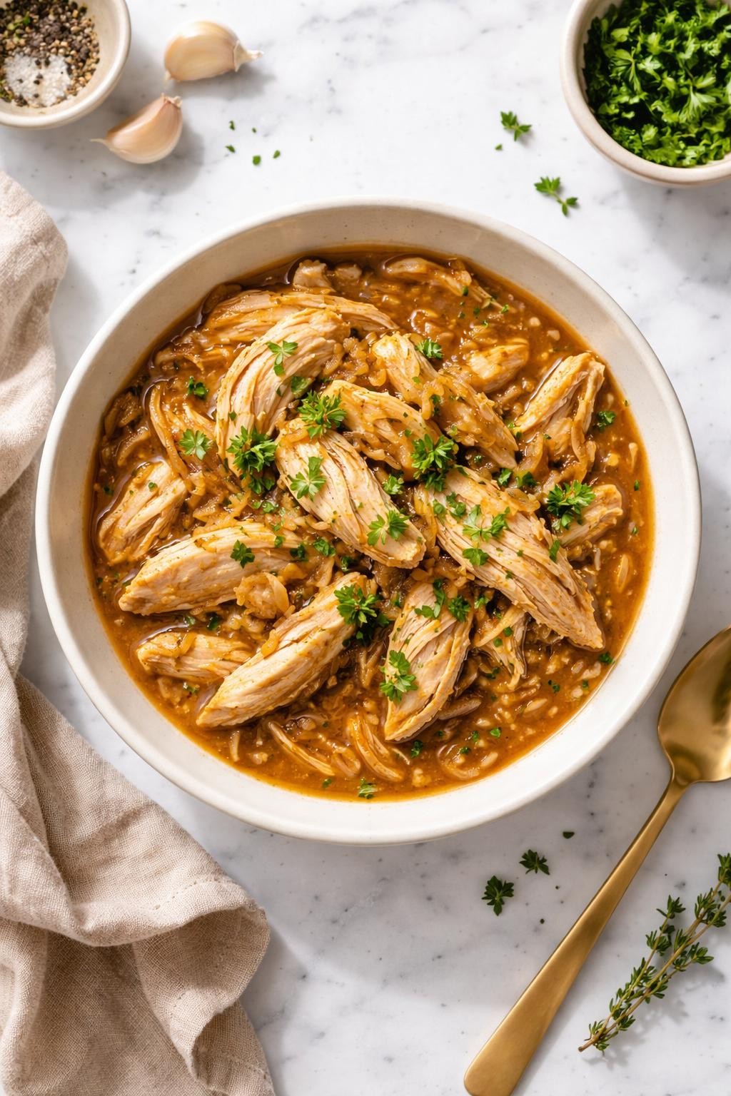 Image Prompt: Realistic top-down editorial food photography of slow cooker onion soup mix chicken on a white marble countertop, tender shredded chicken in a savory onion gravy, served in a simple bowl with herbs on top, cozy homemade comfort food styling, bright natural daylight, soft shadows, clean composition, high detail, realistic texture, no people, no hands, no text, no watermarks, no props with writing.