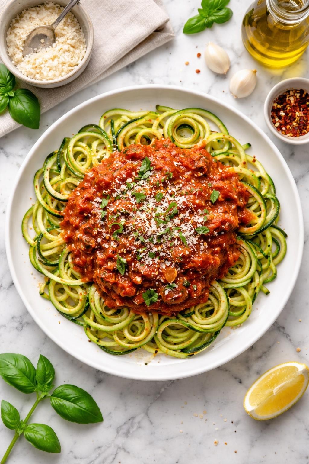 An overheard picture view of a plate of Zucchini Noodles with Marinara sitting on a marble countertop table in the kitchen, professional food photography style.