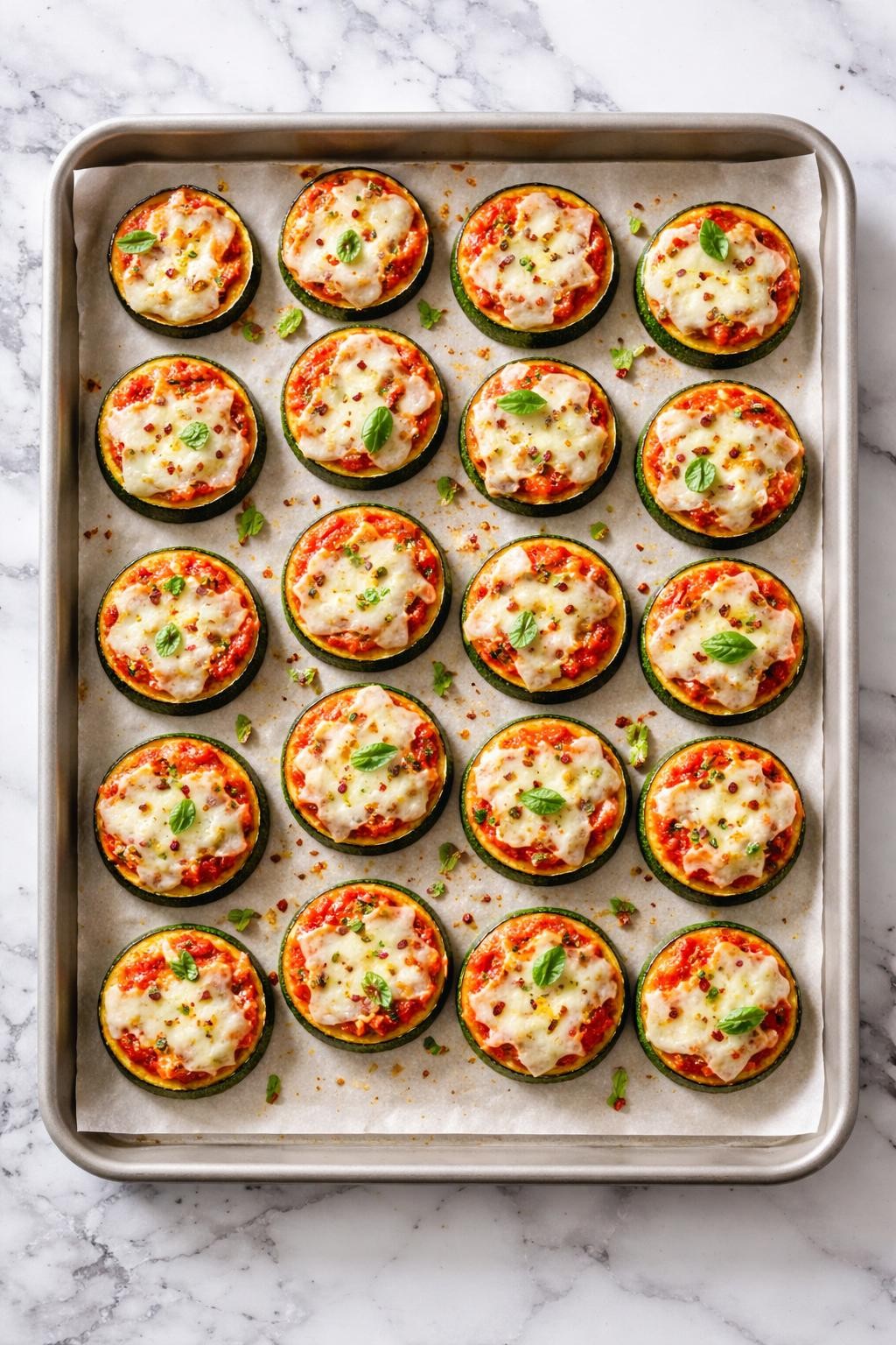 Image Prompt: Realistic top-down editorial food photography of Italian zucchini pizza bites on a clean white and gray marble countertop, thick zucchini rounds topped with marinara, melted mozzarella, and herbs, arranged neatly on a baking tray, bright natural daylight, fun homemade snack mood, no people, no hands, no text, no watermarks, no props with writing.