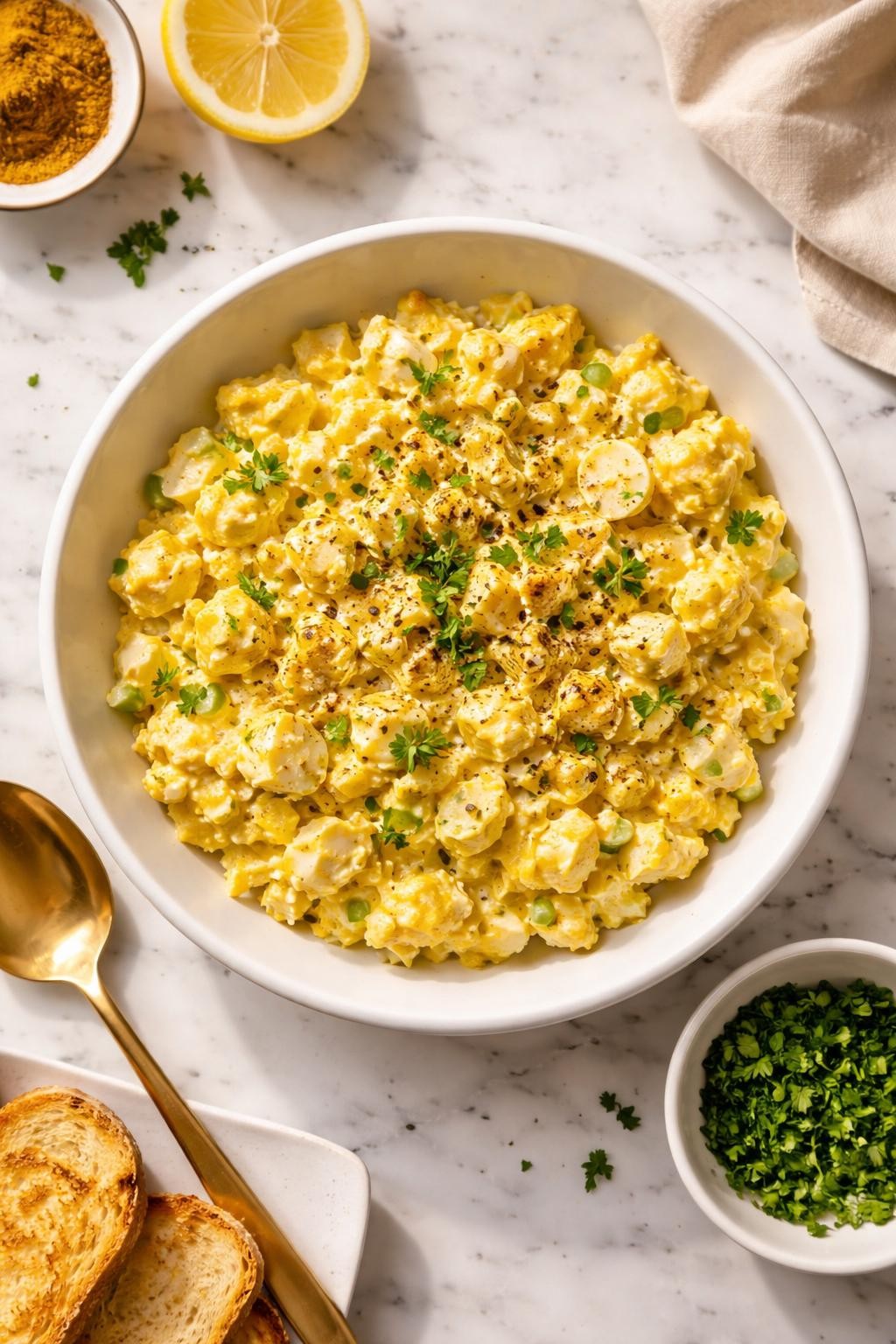 Image Prompt: Realistic top-down editorial food photography of curried egg salad in a shallow white bowl on a marble countertop, creamy chopped egg salad with curry powder, mayonnaise, celery, and black pepper, warm yellow tone, bright natural window light, soft shadows, clean homemade styling, high detail, realistic food texture, no people, no hands, no text, no watermarks, no props with writing.