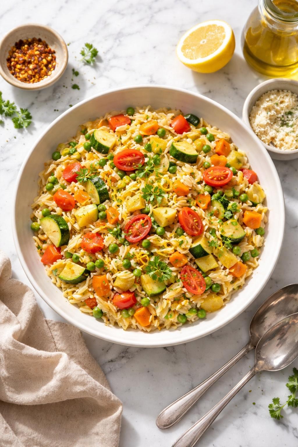 Image Prompt: Realistic top-down editorial food photography of a bowl of vegan orzo primavera on a clean white and gray marble countertop, colorful orzo pasta mixed with zucchini, carrots, peas, bell peppers, and herbs in a light glossy sauce, bright homemade dinner styling, natural window lighting, soft shadows, clean composition, high detail, realistic food texture, no people, no hands, no text, no watermarks, no props with writing.