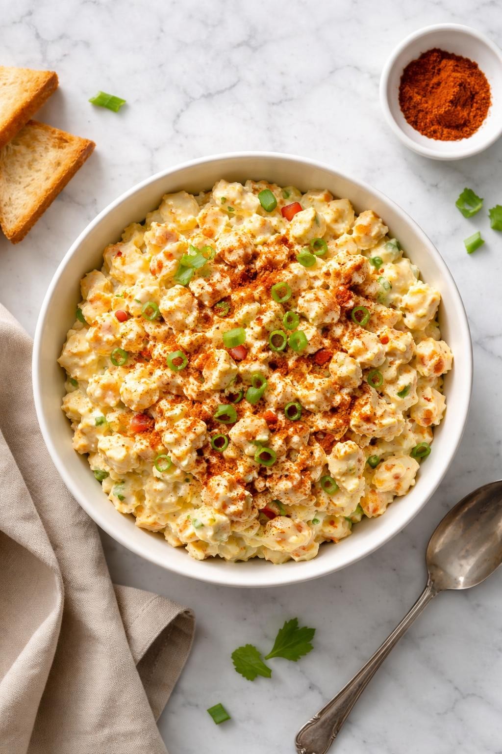 Image Prompt: Realistic top-down editorial food photography of paprika egg salad in a white bowl on a clean marble countertop, creamy chopped egg salad dusted with paprika and mixed with mayonnaise and mustard, simple classic lunch styling, bright natural daylight, soft shadows, clean composition, high detail, realistic food texture, no people, no hands, no text, no watermarks, no props with writing.