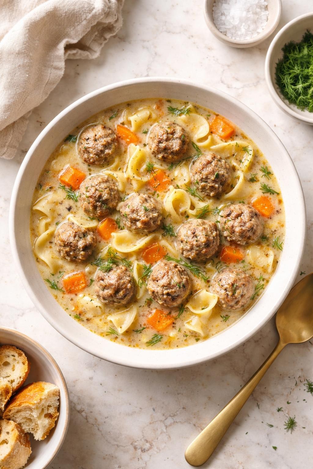 Image Prompt: Realistic top-down editorial food photography of a bowl of Swedish-style meatball soup on a pale marble countertop, filled with small tender meatballs, egg noodles, carrots, and a creamy savory broth, finished with chopped dill and black pepper, cozy homemade comfort food mood, bright window light, soft shadows, clean editorial styling, high detail, realistic texture, no people, no hands, no text, no watermarks, no props with writing.