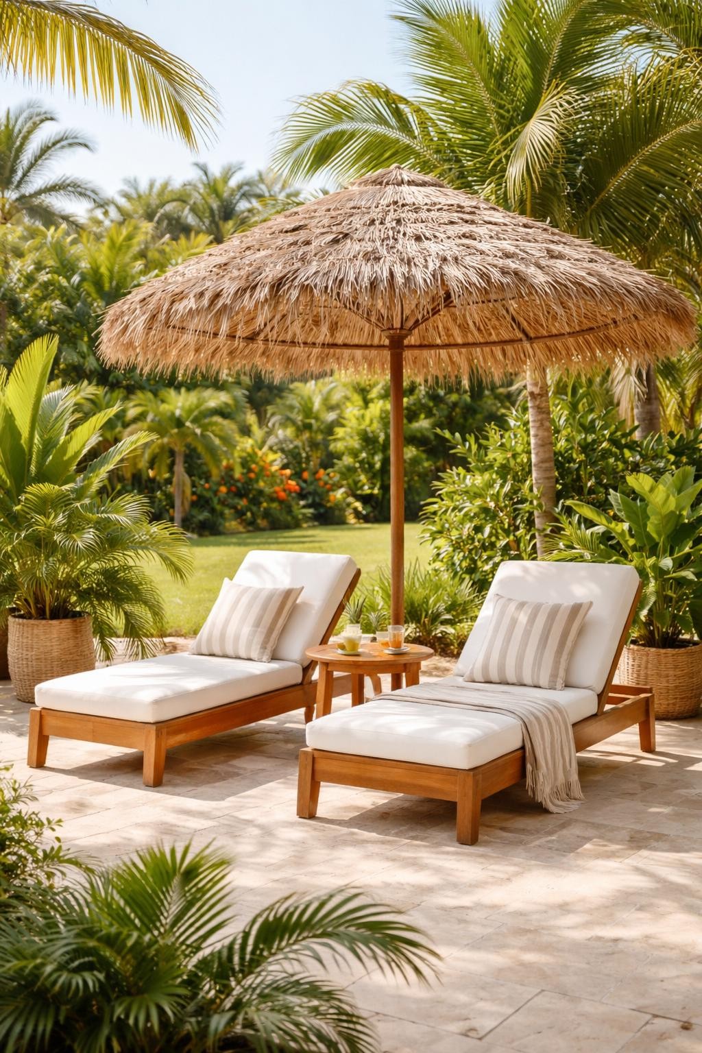 Image Prompt: A tropical patio with a thatched-style umbrella shading two lounge chairs, potted palms, small wood side table, light stone floor, bright sunny backyard setting, relaxed island-inspired outdoor corner, no people, realistic DSLR image, no text, no watermarks on images.