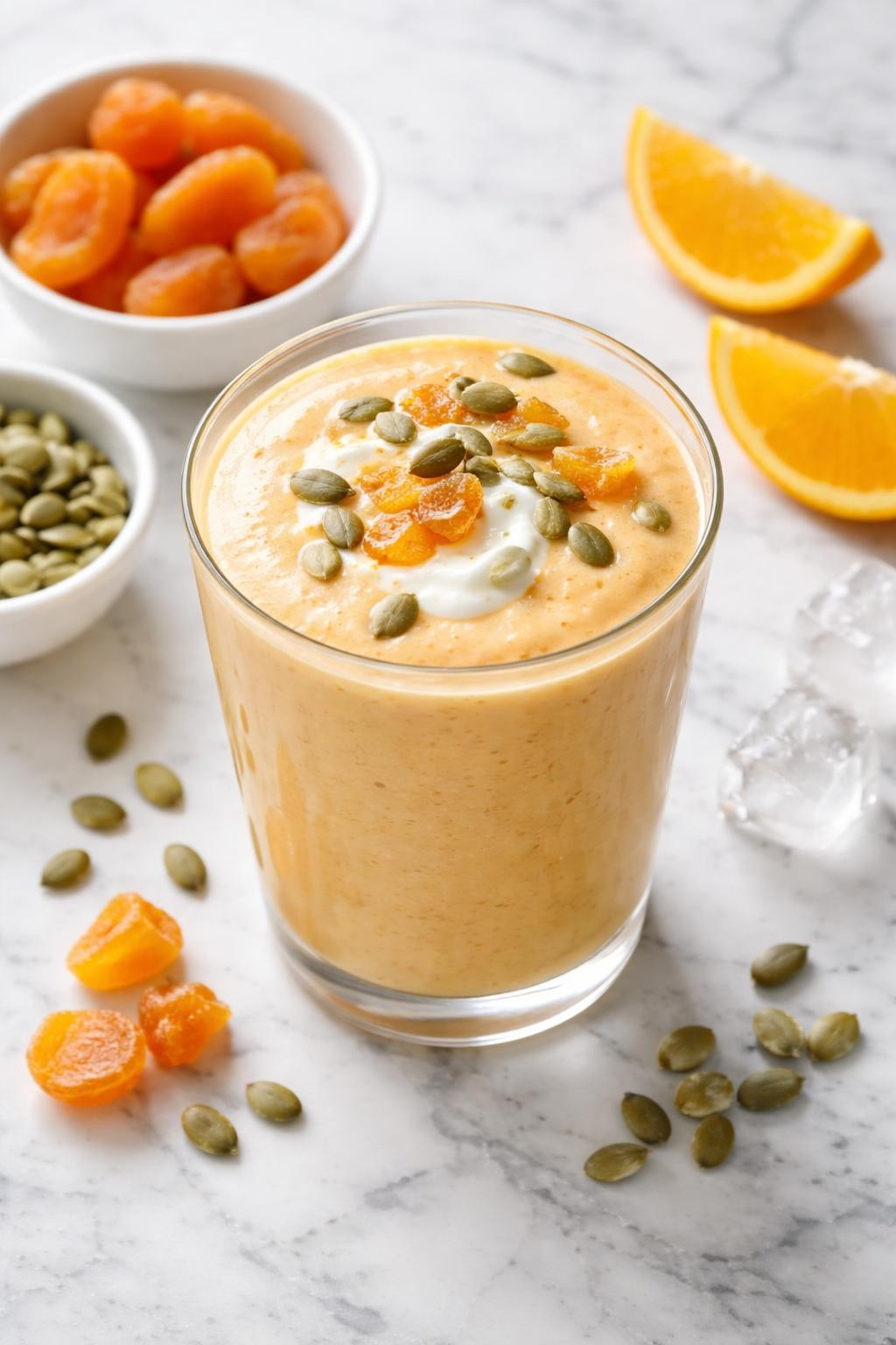 Realistic top-down editorial food photography of an apricot pumpkin seed smoothie served in a clear glass on a clean white and gray marble countertop. The smoothie is soft golden orange, creamy, thick, and smooth, styled with dried apricots, pumpkin seeds, orange slices, yogurt, and a few ice cubes nearby. Bright natural light, clean nourishing smoothie styling, high detail, realistic creamy texture, no people, no hands, no text, no watermarks, no props with writing.