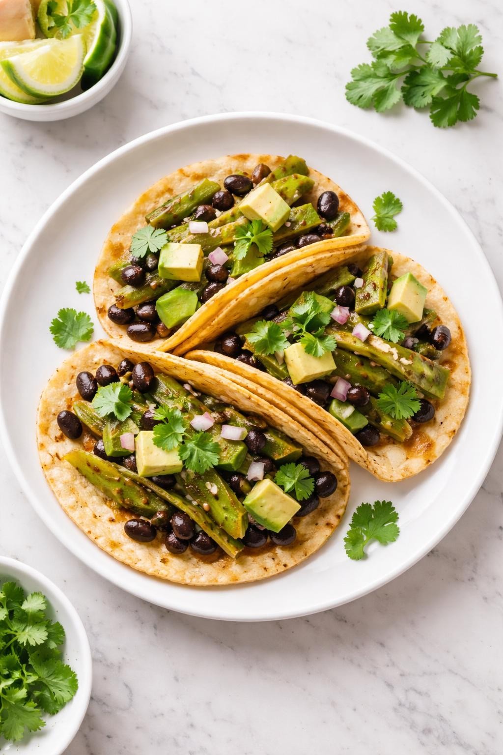 Image Prompt: Realistic top-down editorial food photography of nopales and black bean tacos on a white plate over a clean marble countertop, warm corn tortillas filled with cooked nopales, black beans, avocado, and cilantro, fresh homemade Mexican taco styling, bright natural window light, no people, no hands, no text, no watermarks, no props with writing.