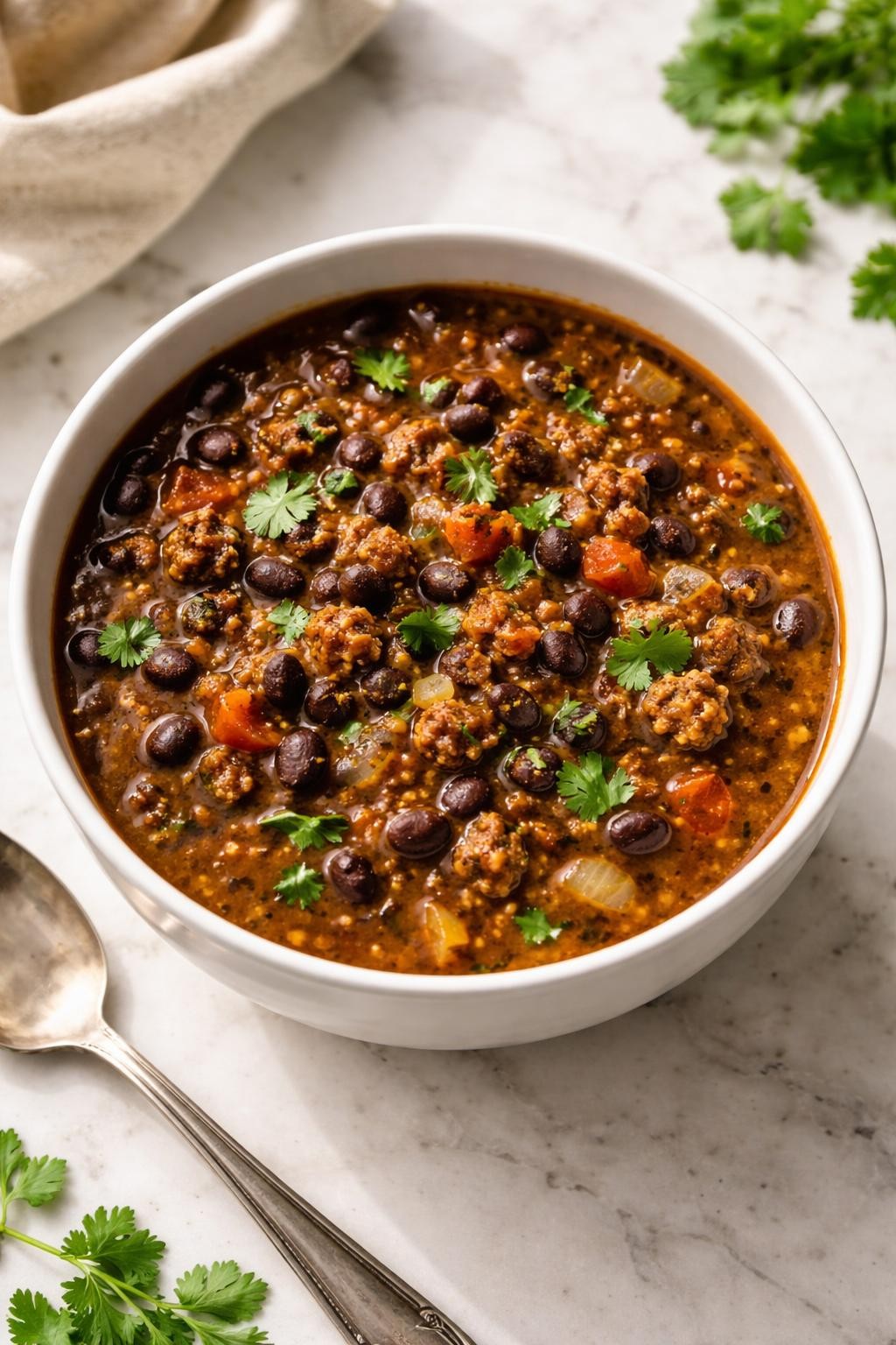 Image Prompt: Realistic top-down editorial food photography of Mexican chorizo black bean soup in a white bowl on a clean marble countertop, thick rich soup with browned chorizo, black beans, tomatoes, onion, and cilantro, warm natural daylight, cozy homemade comfort food mood, no people, no hands, no text, no watermarks, no props with writing.