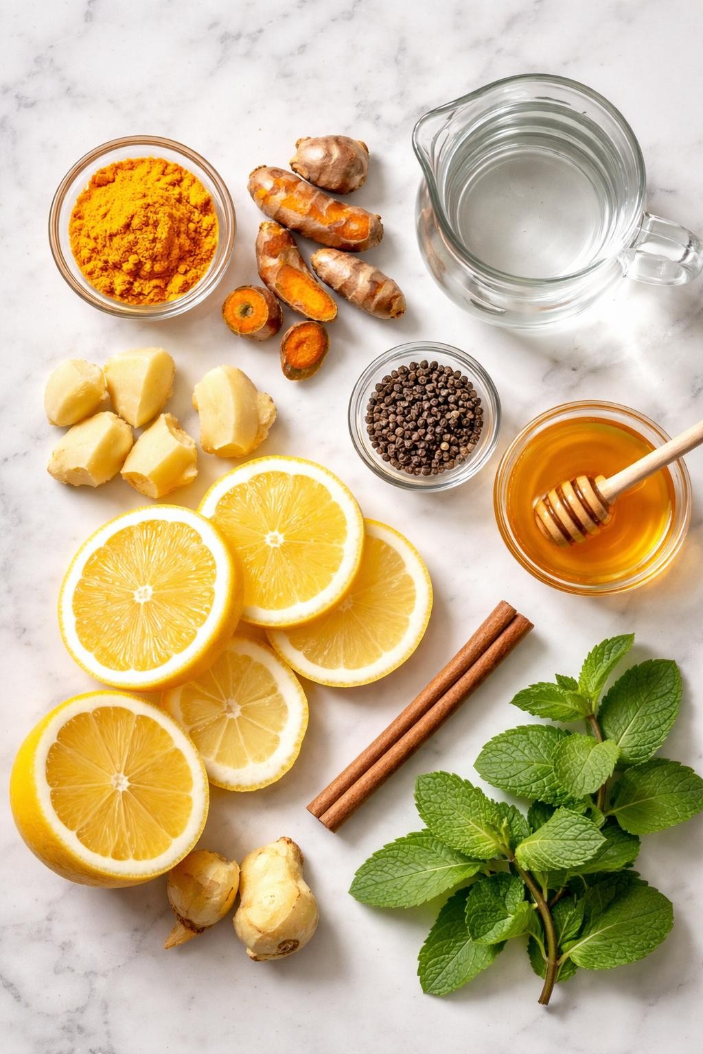 Prompt: A realistic top-down flat lay food photography shot of all ingredients for the best turmeric detox drink arranged neatly on a countertop marble table: ground turmeric in a small clear bowl, fresh turmeric root pieces, peeled fresh ginger pieces, fresh lemon halves and lemon rounds, honey in a small clear bowl, black pepper in a small clear bowl, warm water in a clear glass pitcher, cinnamon stick, and fresh mint leaves. Clean natural lighting, golden wellness drink styling, neat composition, no people, no hands, no text, no watermarks, no props with writing.