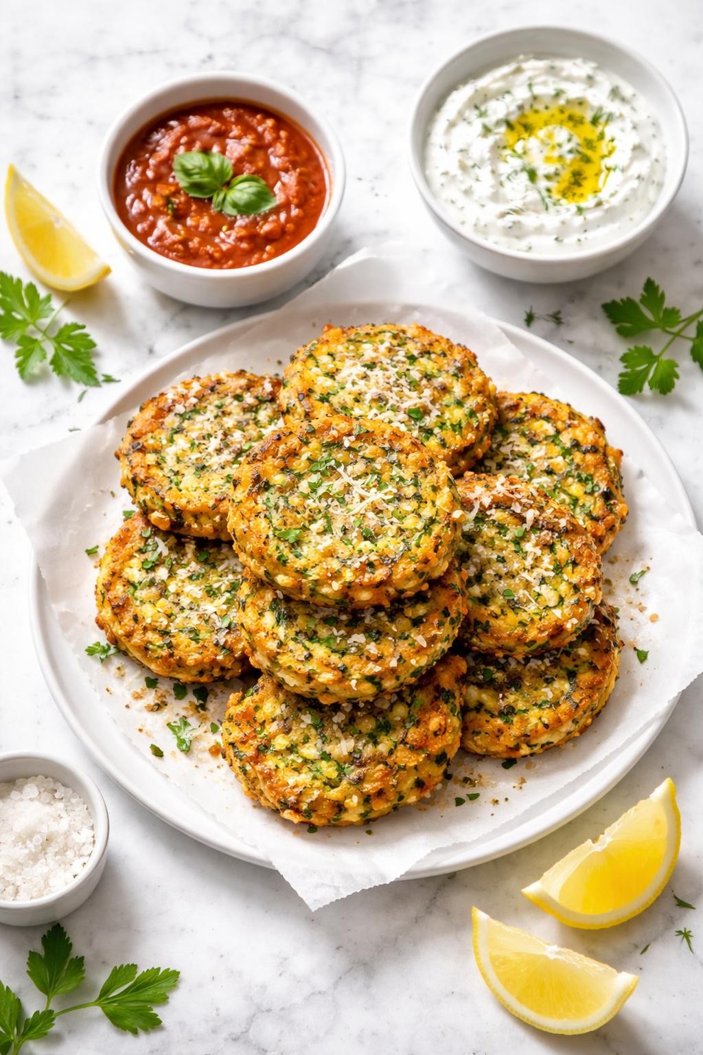 Image Prompt: Realistic top-down editorial food photography of Italian zucchini fritters on a clean white marble countertop, golden pan-fried zucchini fritters with parmesan and herbs, stacked neatly with a small bowl of yogurt or marinara nearby, bright natural daylight, cozy homemade snack mood, no people, no hands, no text, no watermarks, no props with writing.