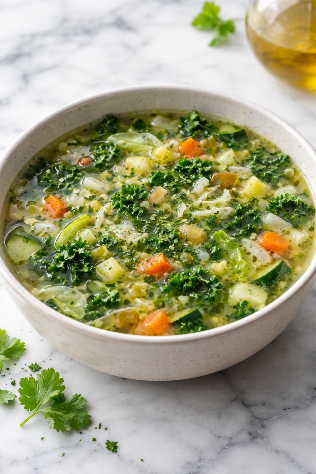 Realistic editorial food photography of cabbage kale detox soup in a simple ceramic bowl on a white and gray marble countertop, clear vegetable broth filled with shredded cabbage, chopped kale, carrots, celery, zucchini, onion, garlic, and fresh herbs, olive oil drizzle on top, clean green homemade soup mood, bright natural light, soft shadows, detailed realistic vegetable texture, no people, no hands, no text, no watermarks, no props with writing.