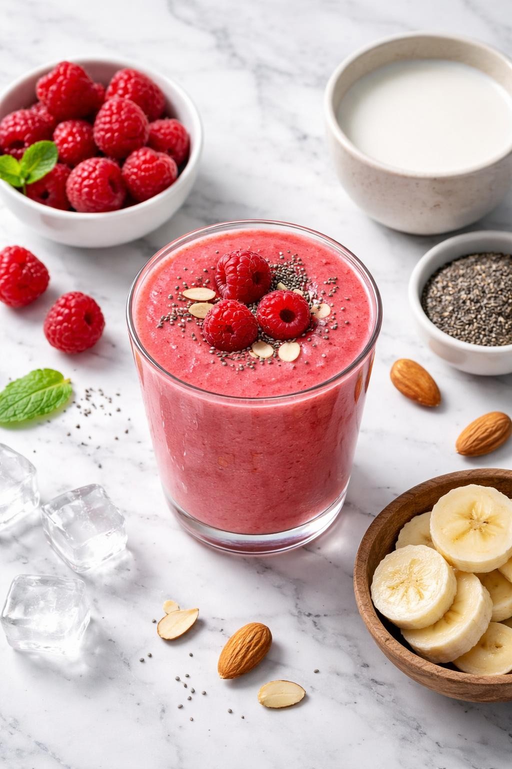 Realistic top-down editorial food photography of a raspberry almond milk smoothie in a clear glass on a clean white and gray marble countertop. The smoothie is bright pink-red, thick, smooth, and lightly creamy, styled with raspberries, almond milk in a plain bowl, banana slices, chia seeds, and ice cubes nearby. Bright natural daylight, clean berry smoothie styling, high detail, realistic texture, no people, no hands, no text, no watermarks, no props with writing.